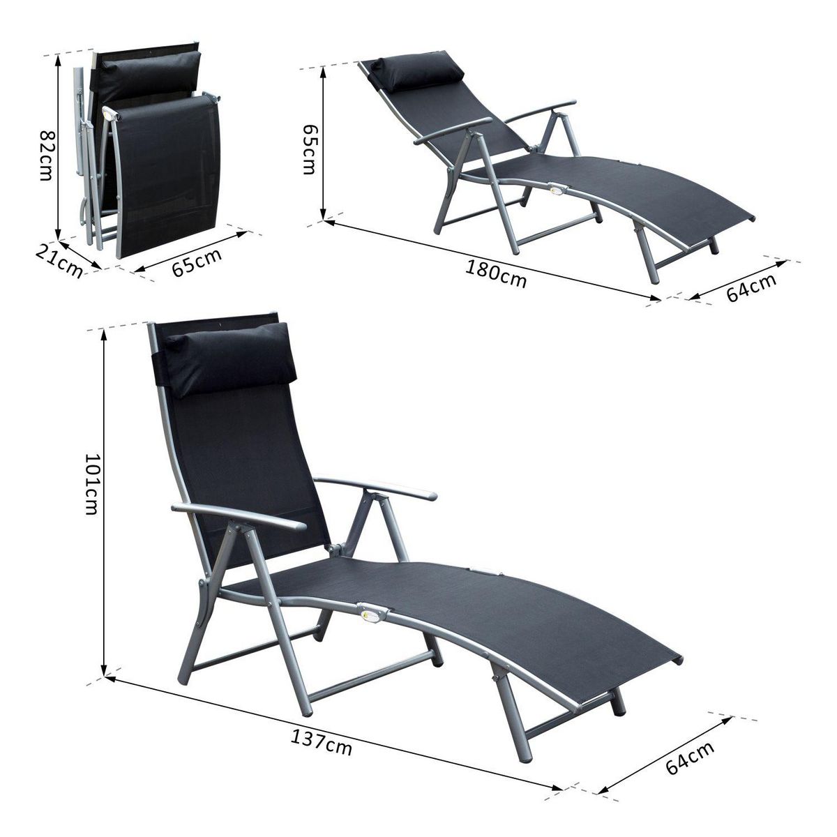 OUTSUNNY Outsunny transat chaise longue bain de soleil pliable dossier inclinable multi-positions têtière fournie 137L x 64l x 101H cm métal époxy textilène noir