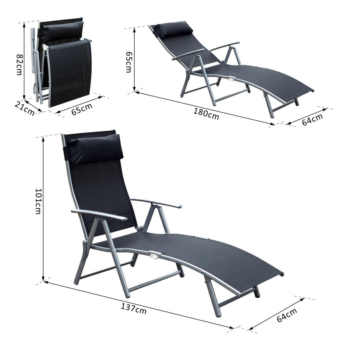 OUTSUNNY Outsunny transat chaise longue bain de soleil pliable dossier inclinable multi-positions têtière fournie 137L x 64l x 101H cm métal époxy textilène noir