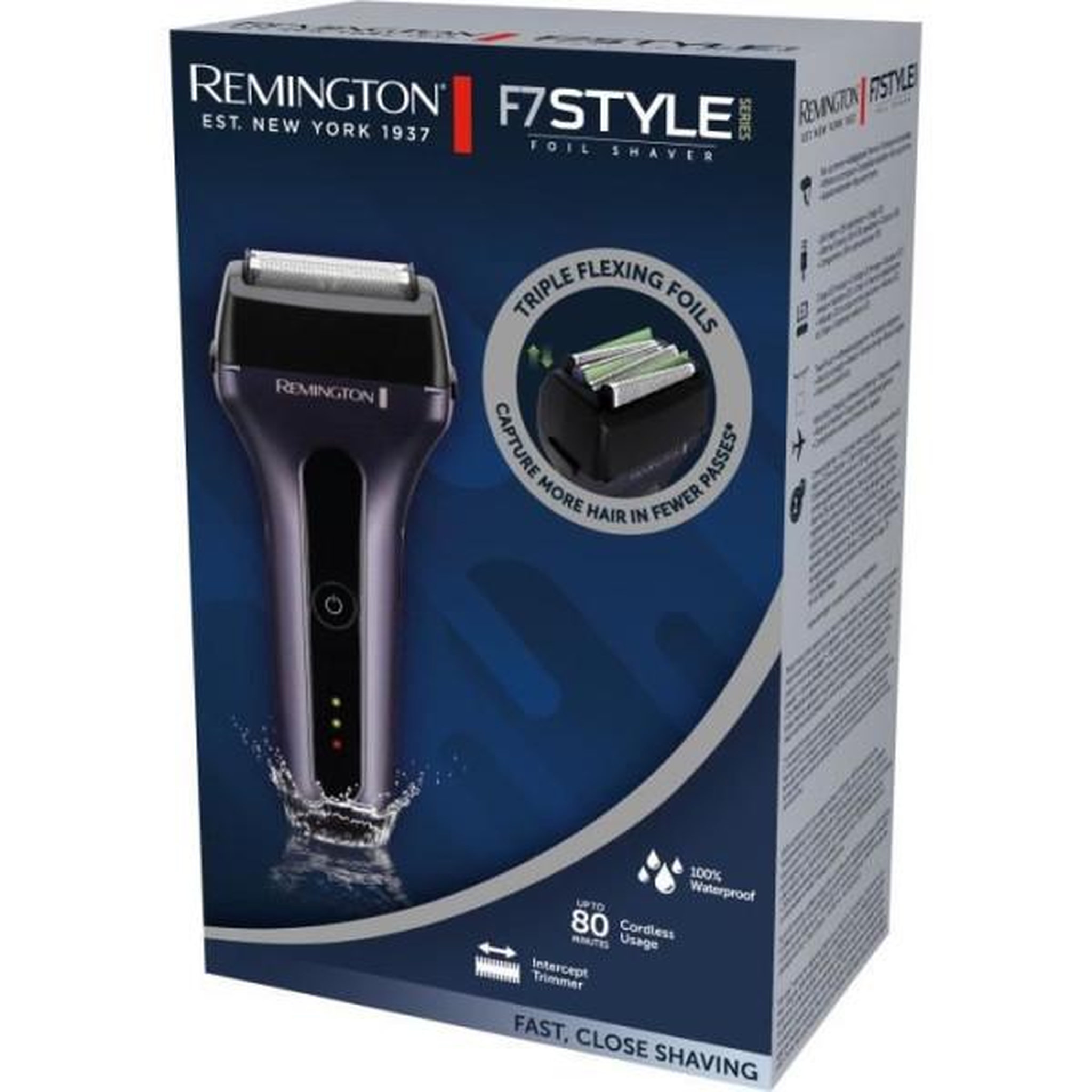 Voir la diapositive 4 : REMINGTON Rasoir - Tondeuse Electrique  a lames sans fil - REMINGTON - F7000 - Lames Tri-flex - Tete de découpe - 100% étanche - Autonomie 80 min