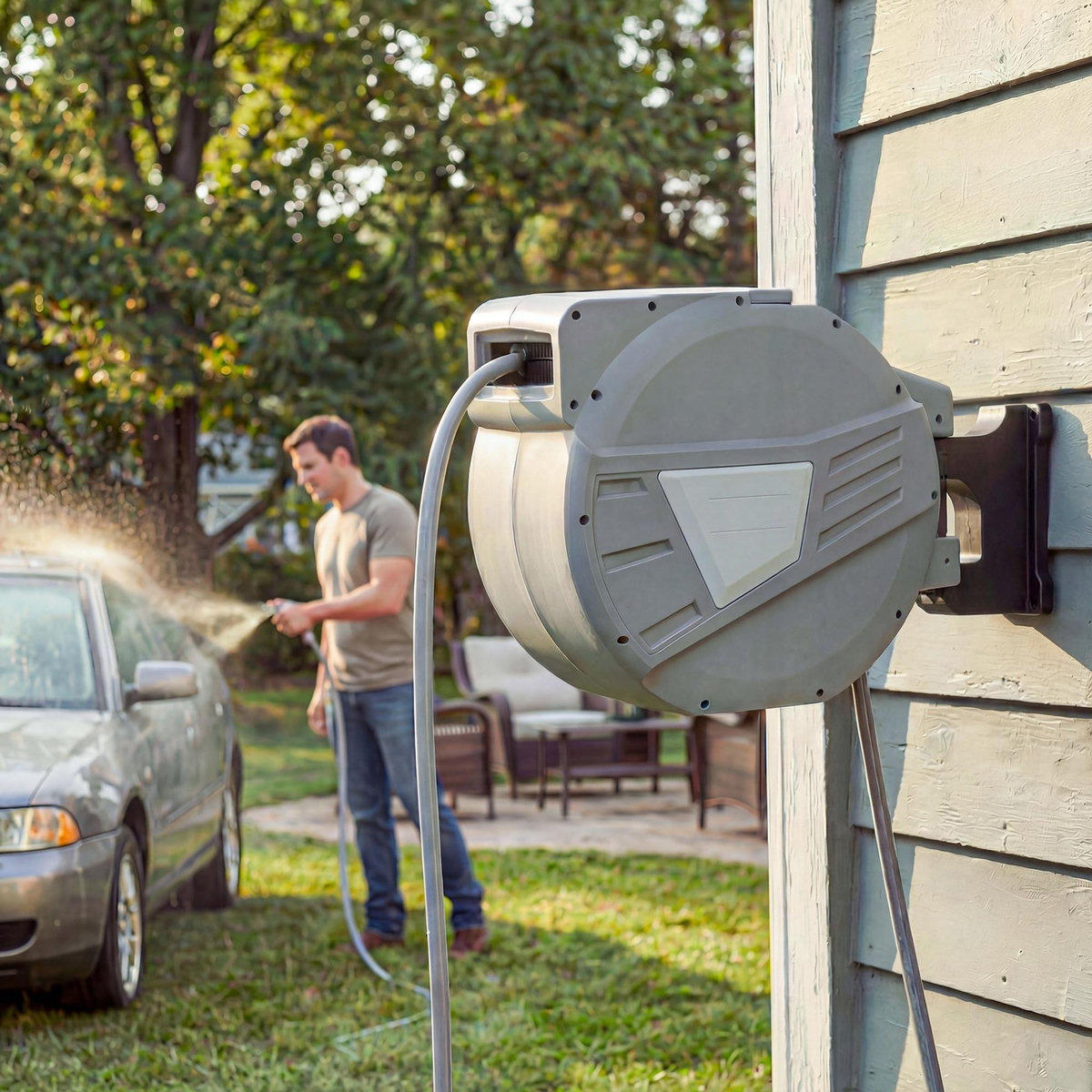 OUTSUNNY Dévidoir mural enrouleur automatique pivotant 180° tuyau 40 + 2 m avec lance arrosage 2 modes support mural intégré gris clair