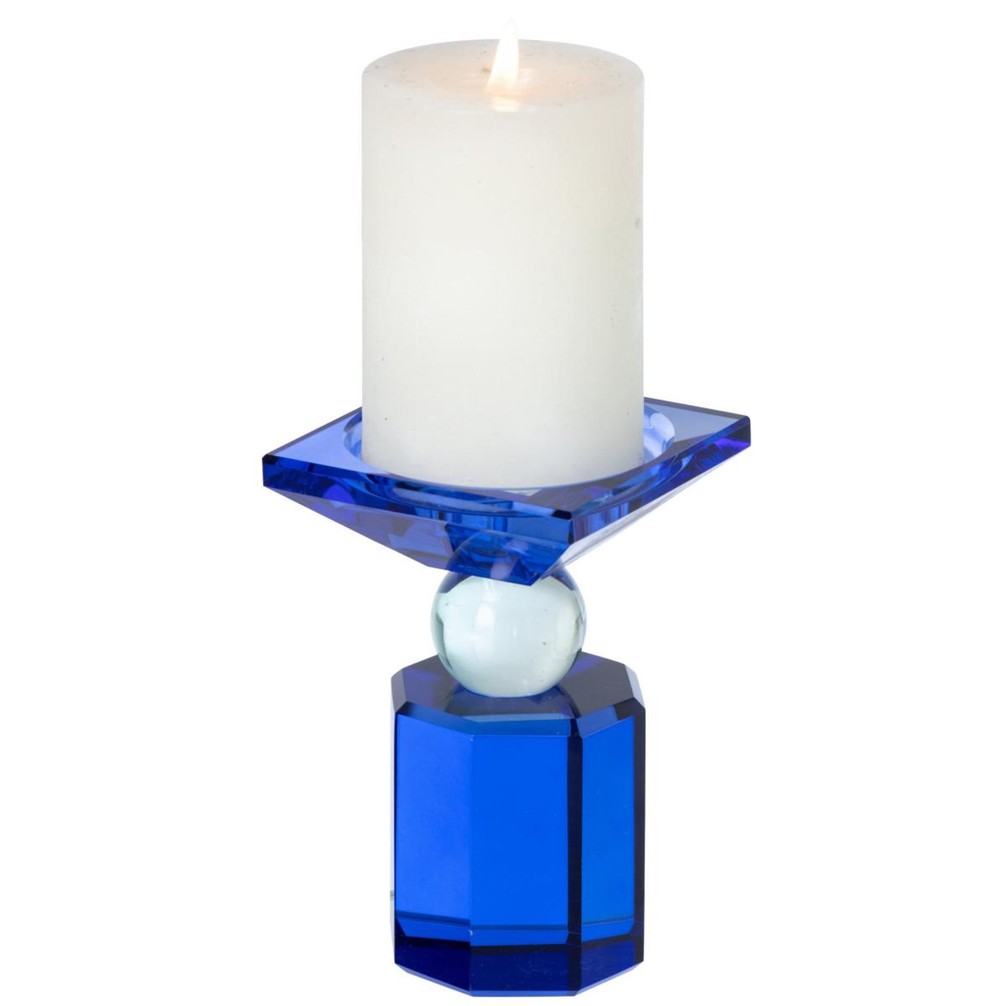 Voir la diapositive 3 : J-LINE Bougeoir design en verre  taillé  13cm bleu
