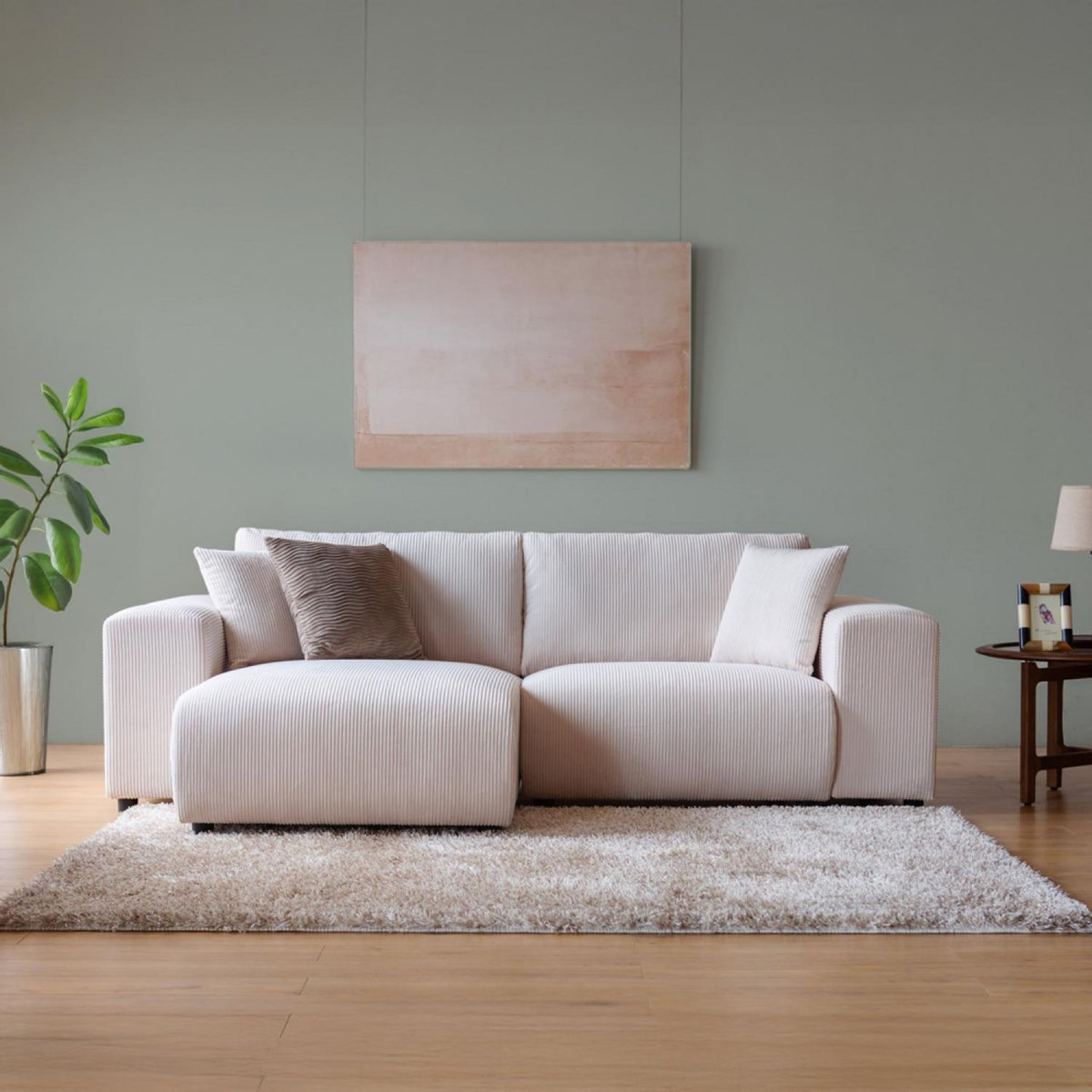 CONCEPT USINE Canapé d'angle modulable 3 places en velours côtelé beige ABERDEEN