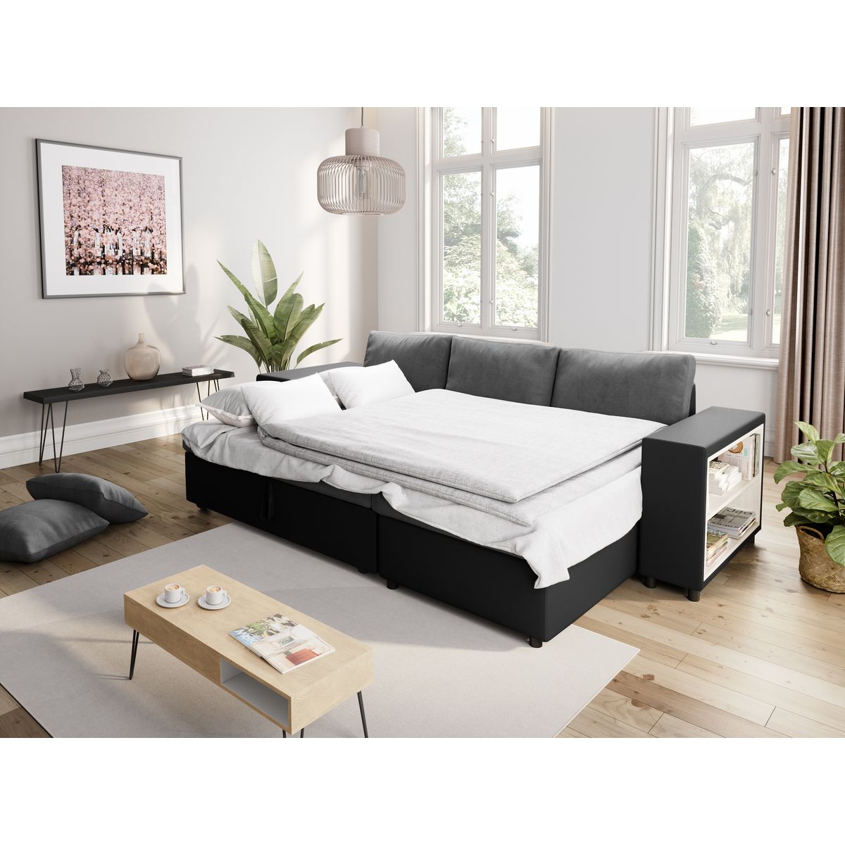 Canapé d'angle convertible avec coffre 3 places + 2 poufs à gauche et étagère à droite  MACHA