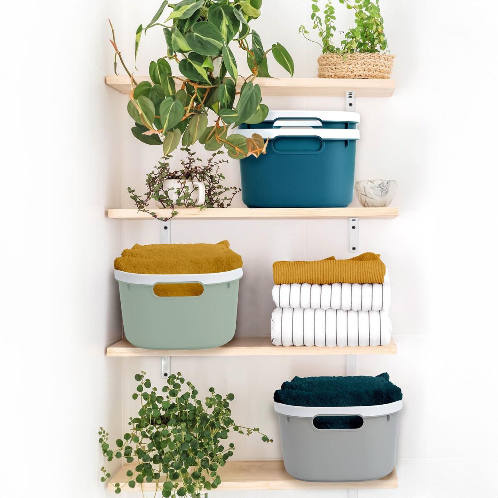 Voir la diapositive 2 : HOMEA Panière de rangement bicolore  poignées  30cm gris