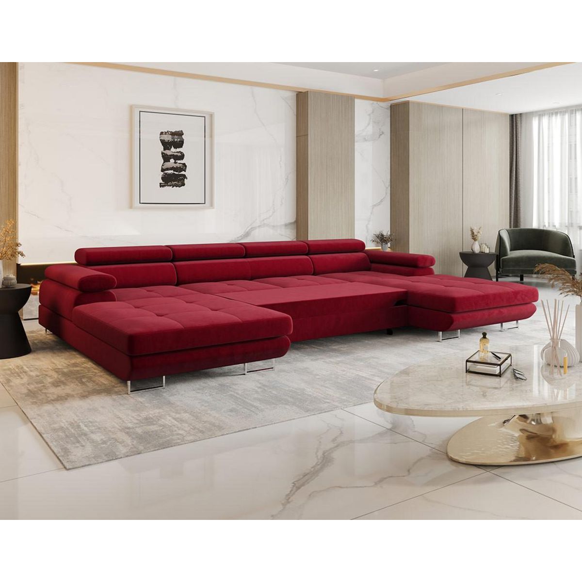 BEST MOBILIER Ayden - canapé panoramique en u 7 places convertible avec coffre et têtières réglables en tissu