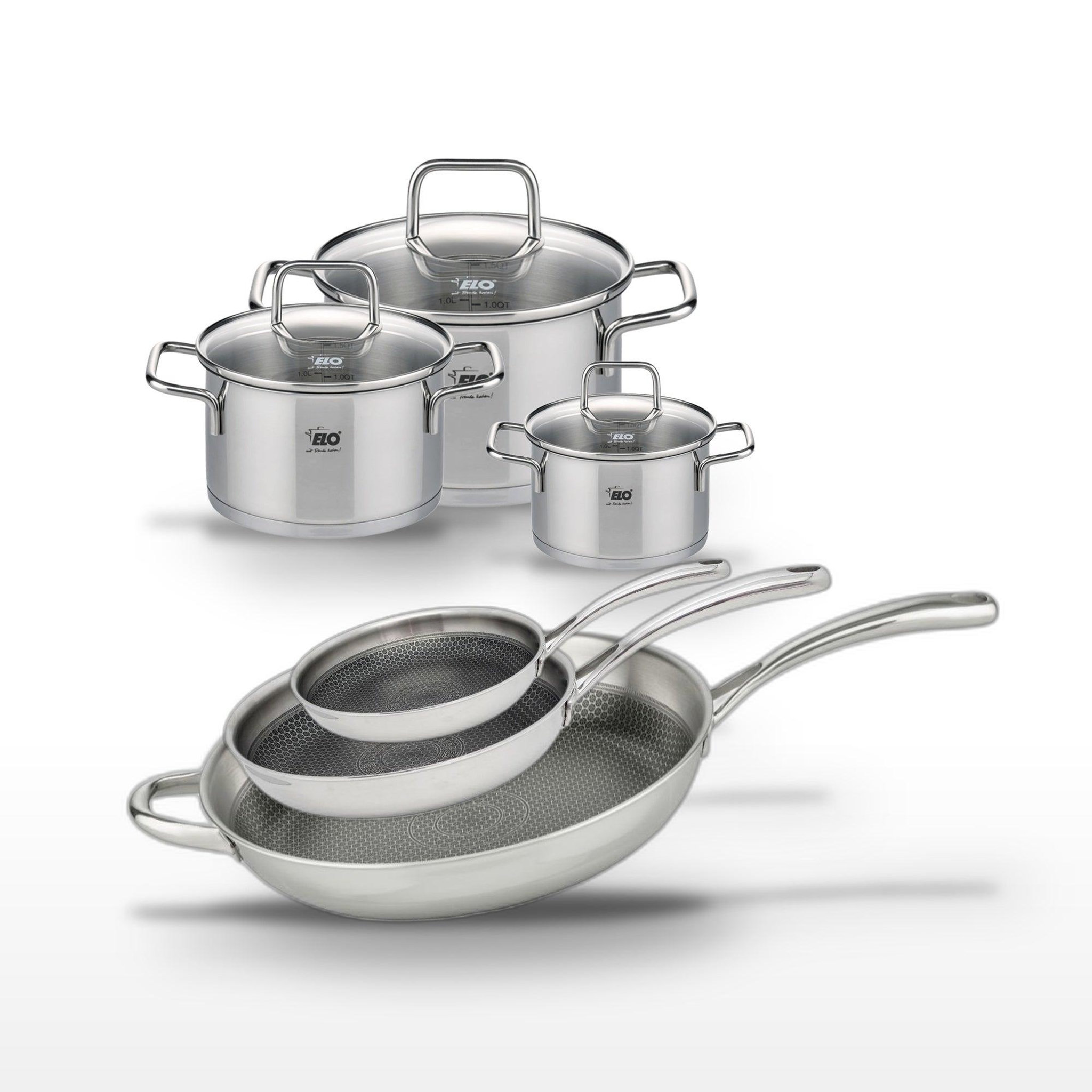 ELO Lot de 3 poêles 24/28/32 cm elo relief evolution et 3 faitouts 12/16/20 cm elo citrin