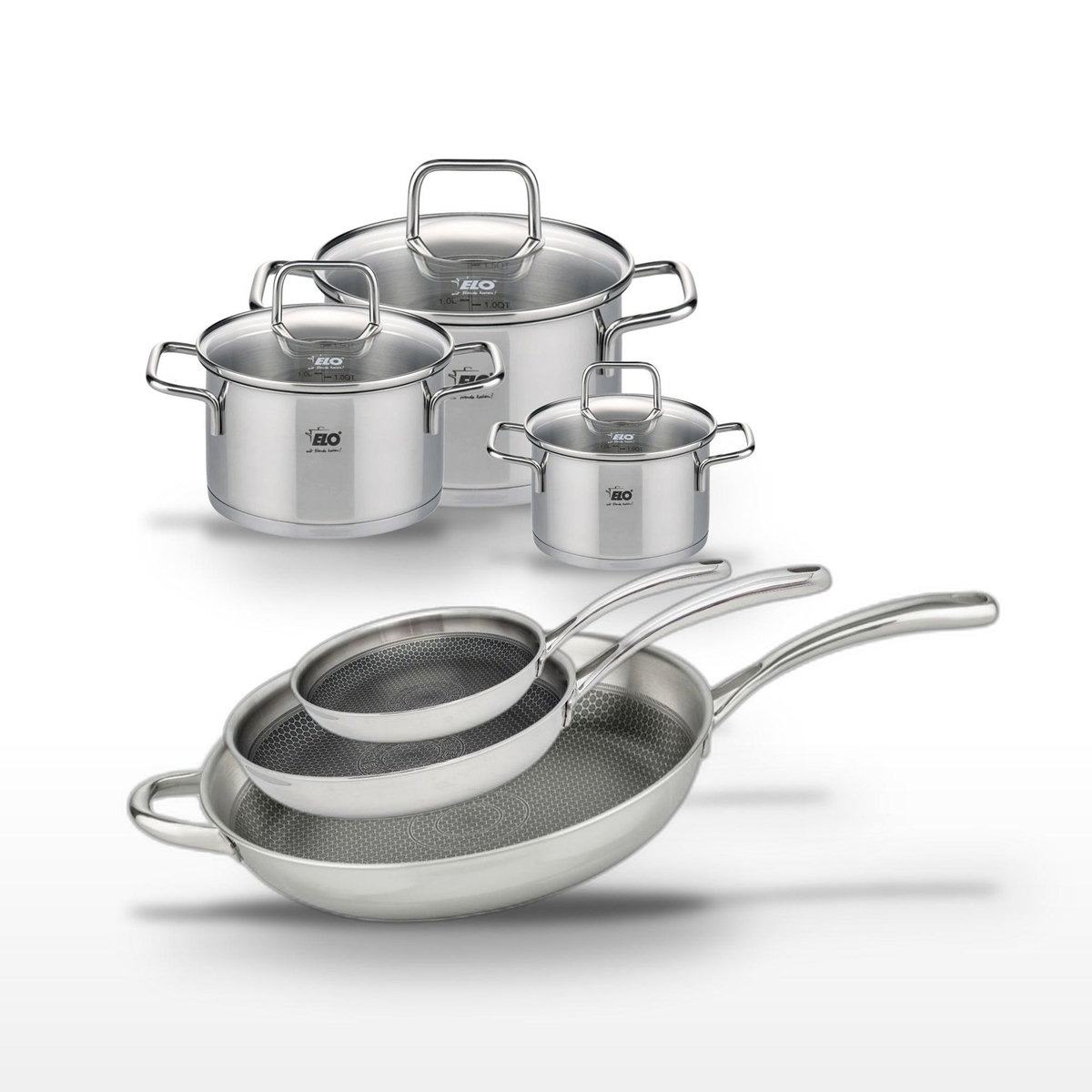 ELO Lot de 3 Poêles 24/28/32 cm Elo Relief Evolution et 3 Faitouts 12/16/20 cm Elo Citrin