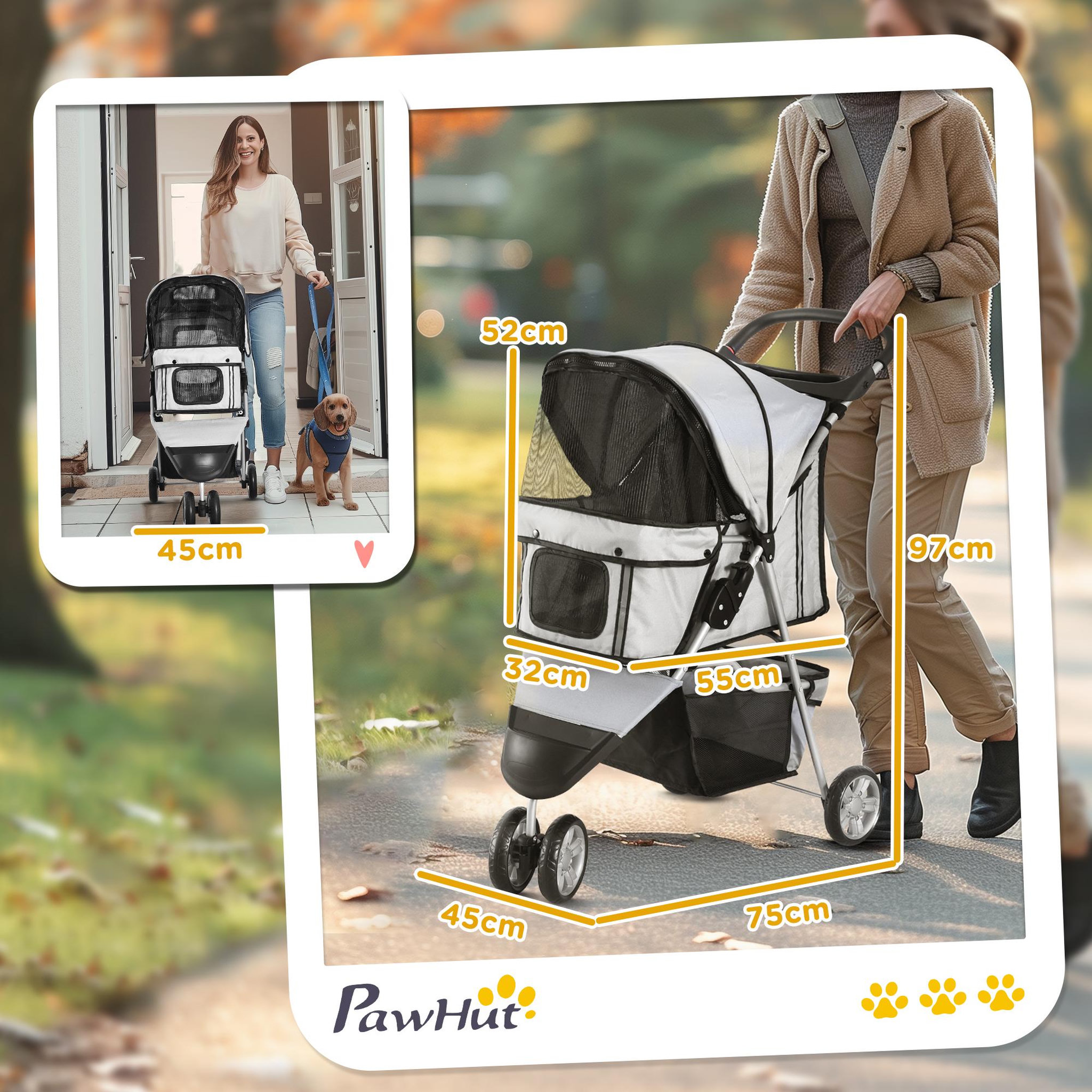 Voir la diapositive 3 : PAWHUT Poussette buggy pliable animaux chariot pliant chien chat porte-gobelet panier de rangement inclus roues avec frein tissu 600d oxford métal gris