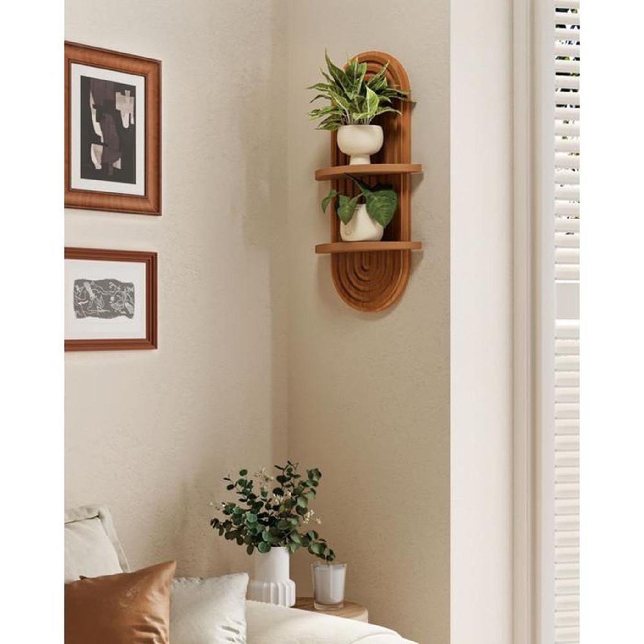 Voir la diapositive 6 : Étagère murale en pin BAMWORLD à deux niveaux, finition bois naturel, 43 x 23 x 11 cm