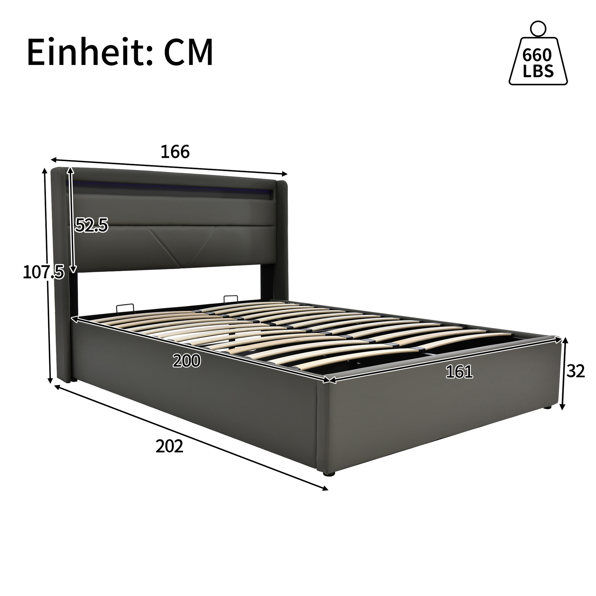 Voir la diapositive 4 : MERAX Lit coffre avec sommier et LED PU