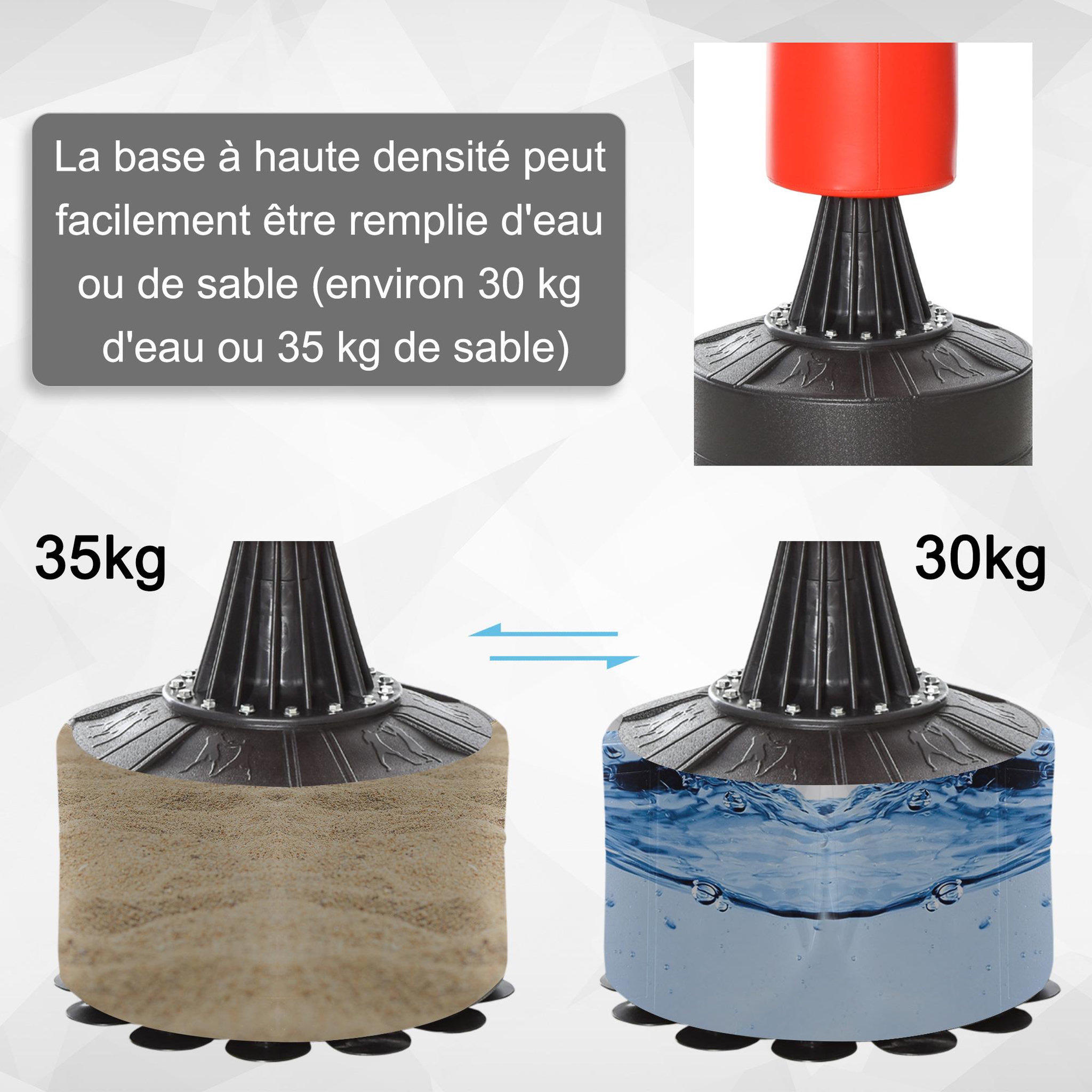 Voir la diapositive 5 : HOMCOM Sac de frappe boxe autoportant punching ball brunier 3 en 1 revêtement synthétique dim. 88l x 48l x 155-205h cm rouge noir