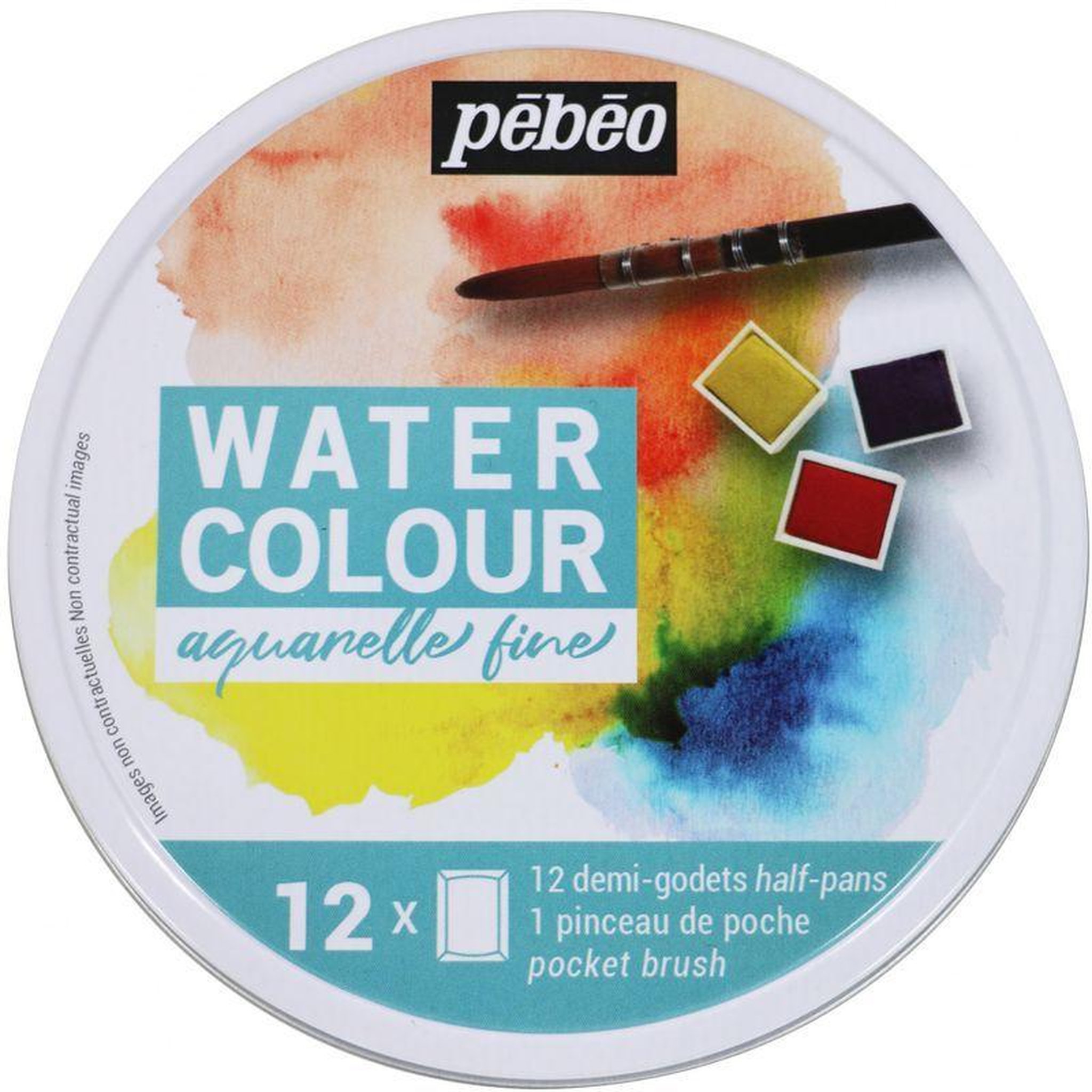 Voir la diapositive 1 : Pebeo Boîte ronde de 12 demi-godets aquarelle + pinceau à eau
