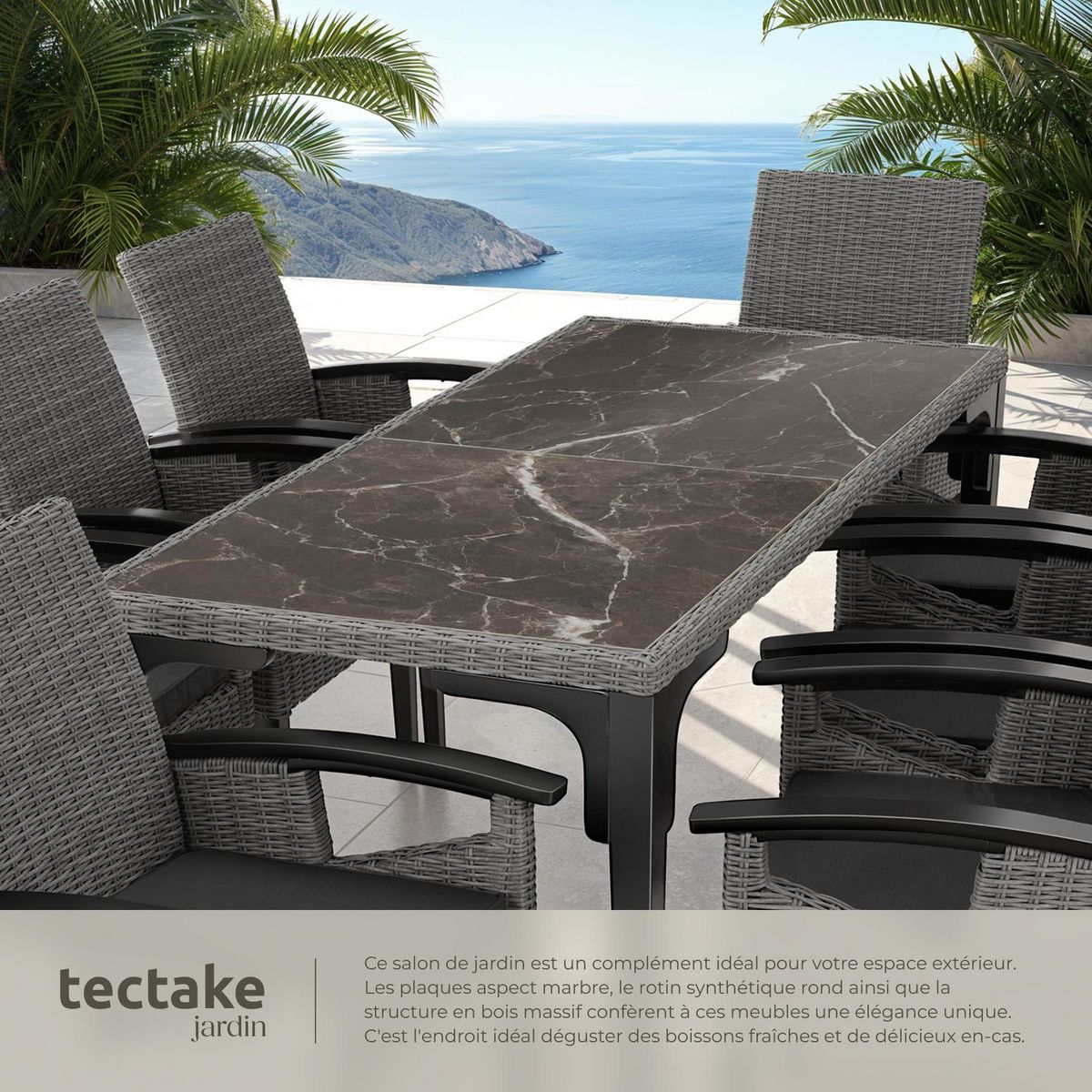 tectake Table en rotin avec cadre en aluminium et bois gris