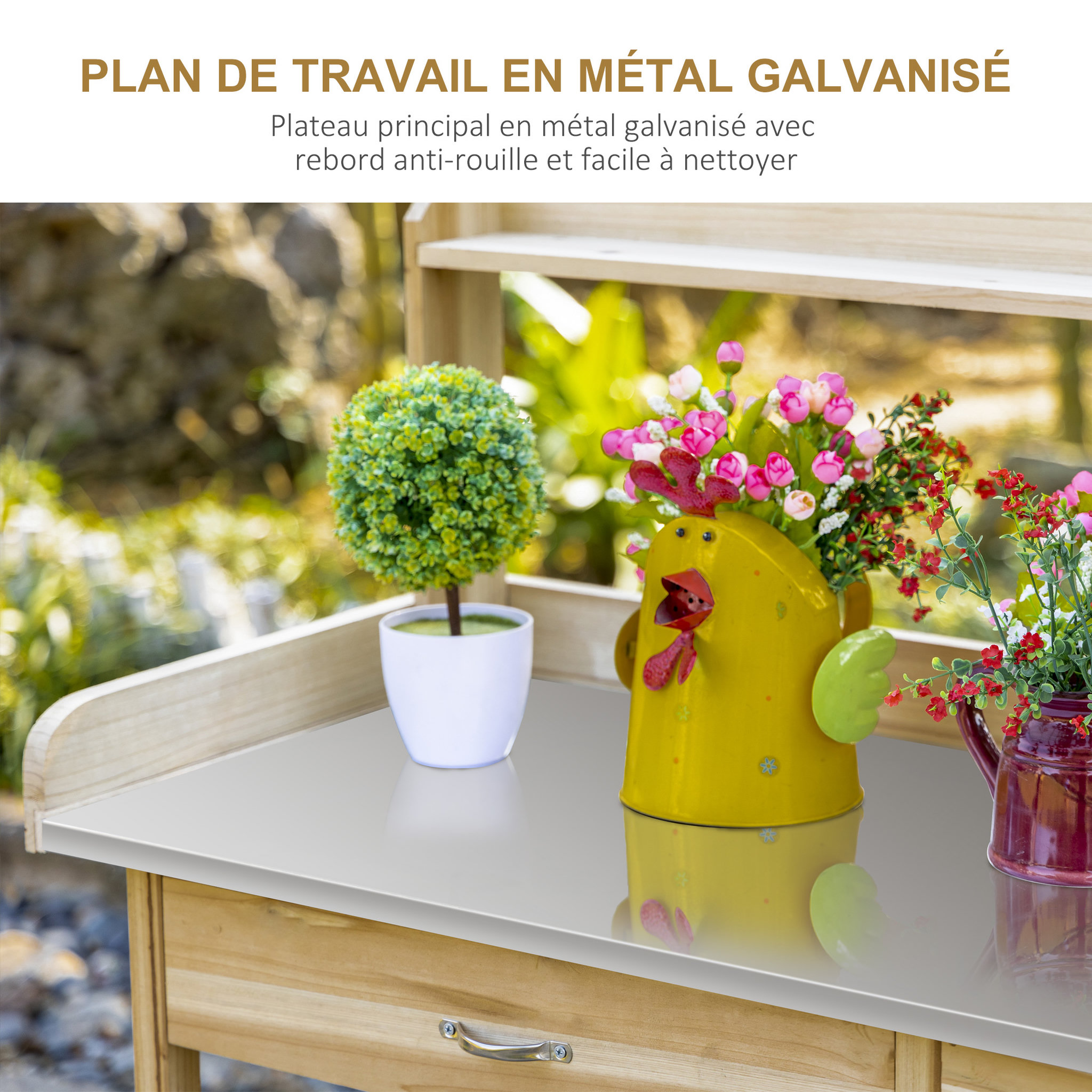 Voir la diapositive 5 : OUTSUNNY Table de rempotage jardinage - 2 étagères, tiroir, placard, plateau tôle acier galvanisé avec rebord, 3 crochets - bois sapin pré-huilé