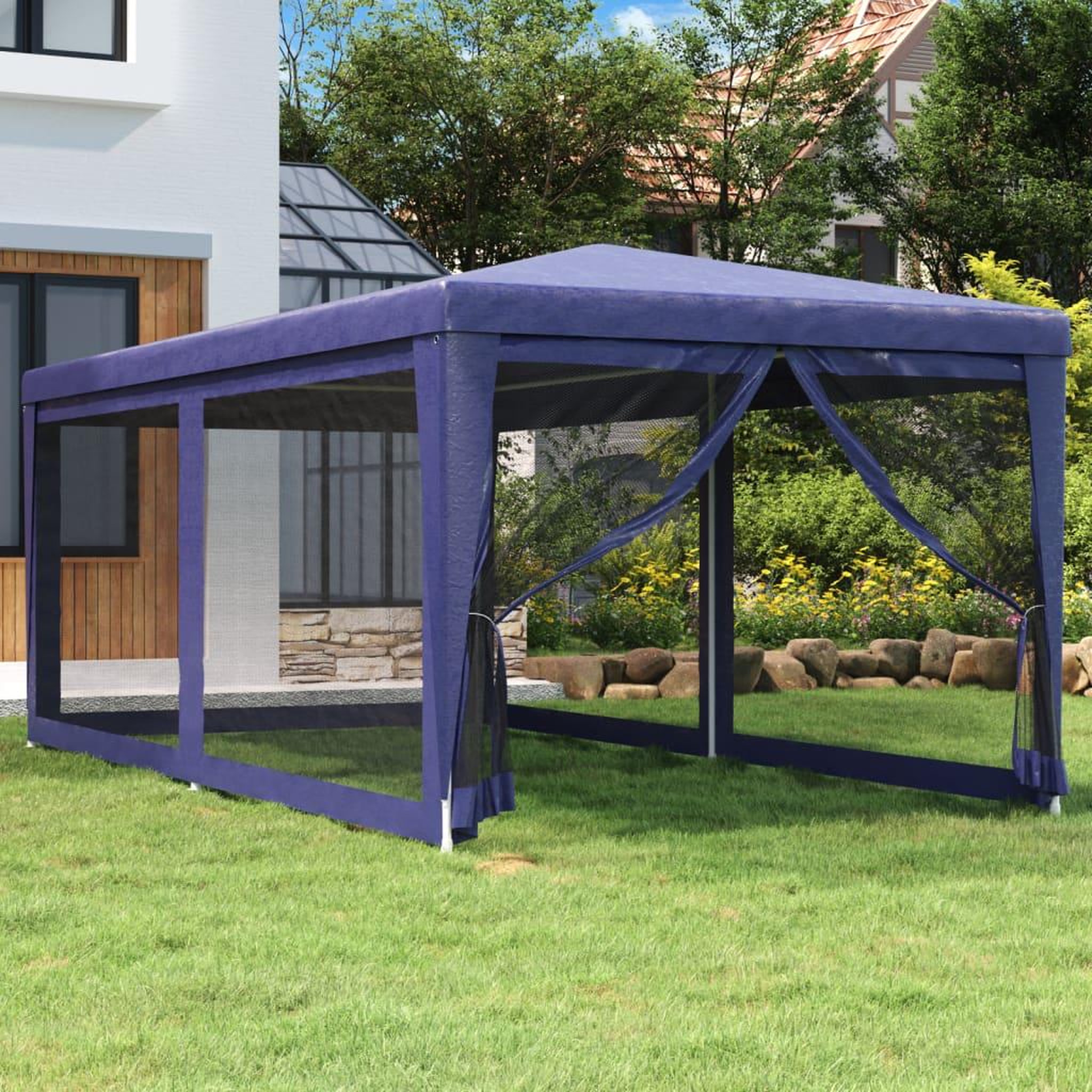 Voir la diapositive 1 : VIDAXL Tente de fete avec 6 parois laterales en maille Bleu 3x6 m PEHD