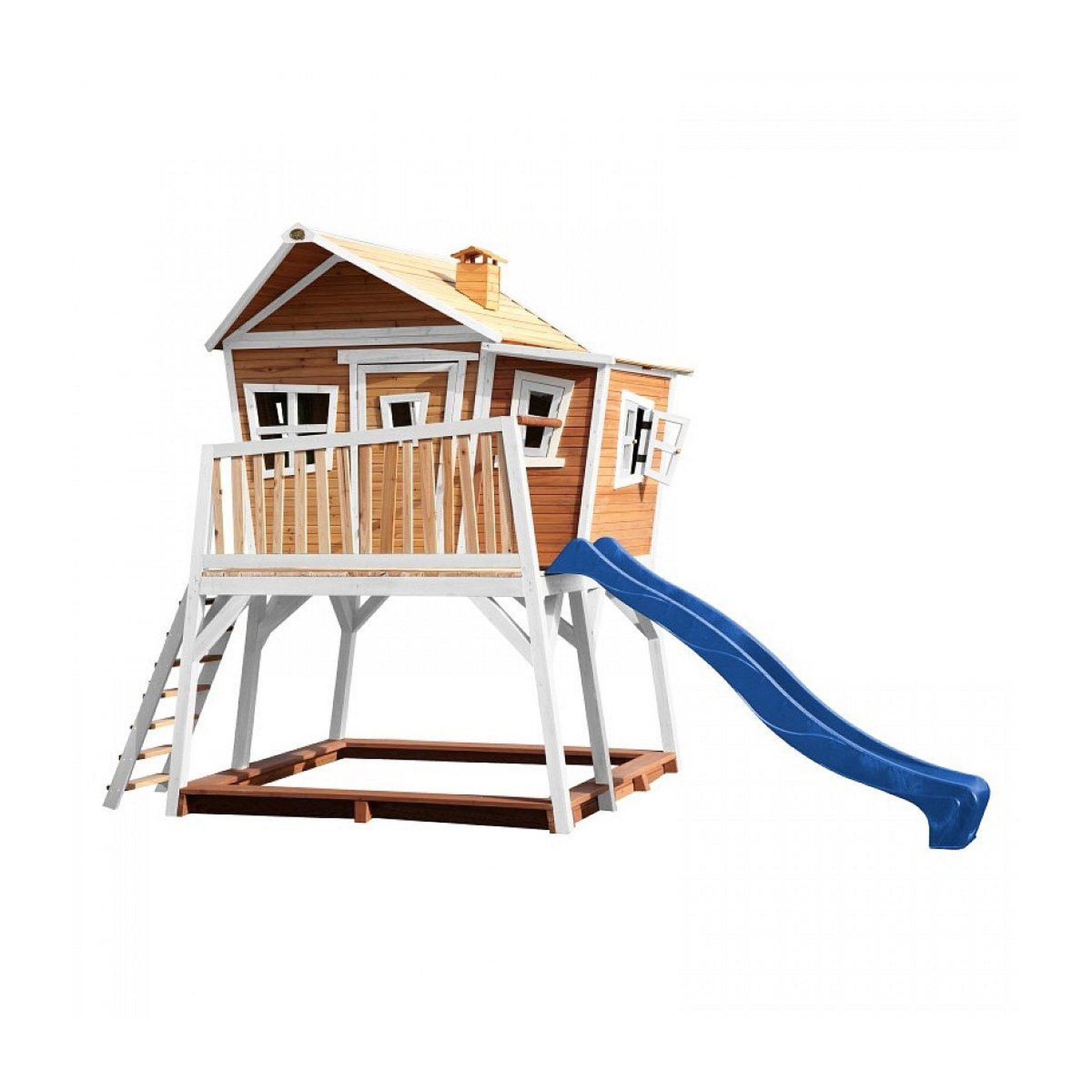 Axi House Axi maisonnette max brun blanc avec toboggan bleu et bac à sable