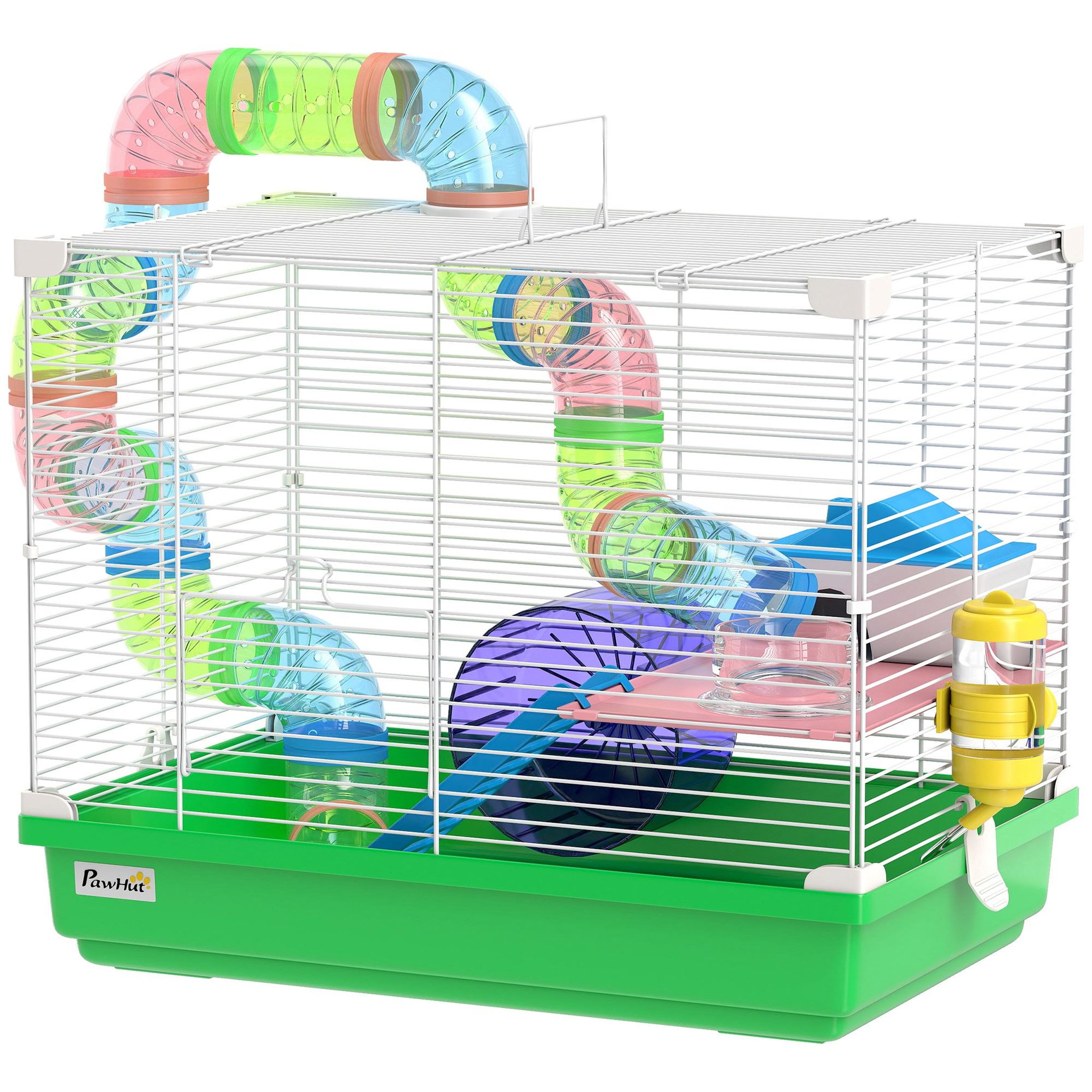 Voir la diapositive 5 : PAWHUT Cage à hamster 2 niveaux avec poignée - avec tunnel, biberon eau, roue, maisonnette, échelles - vert