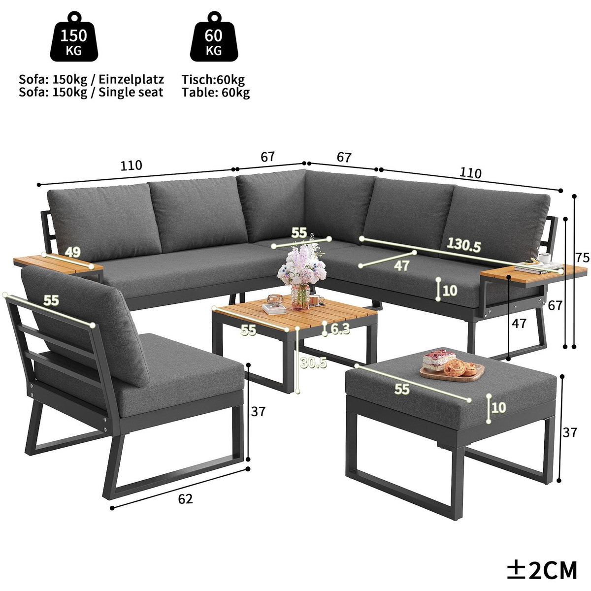 MERAX Salon de jardin 7 places en métal avec canapé d'angle, fauteuil, table basse et tabouret