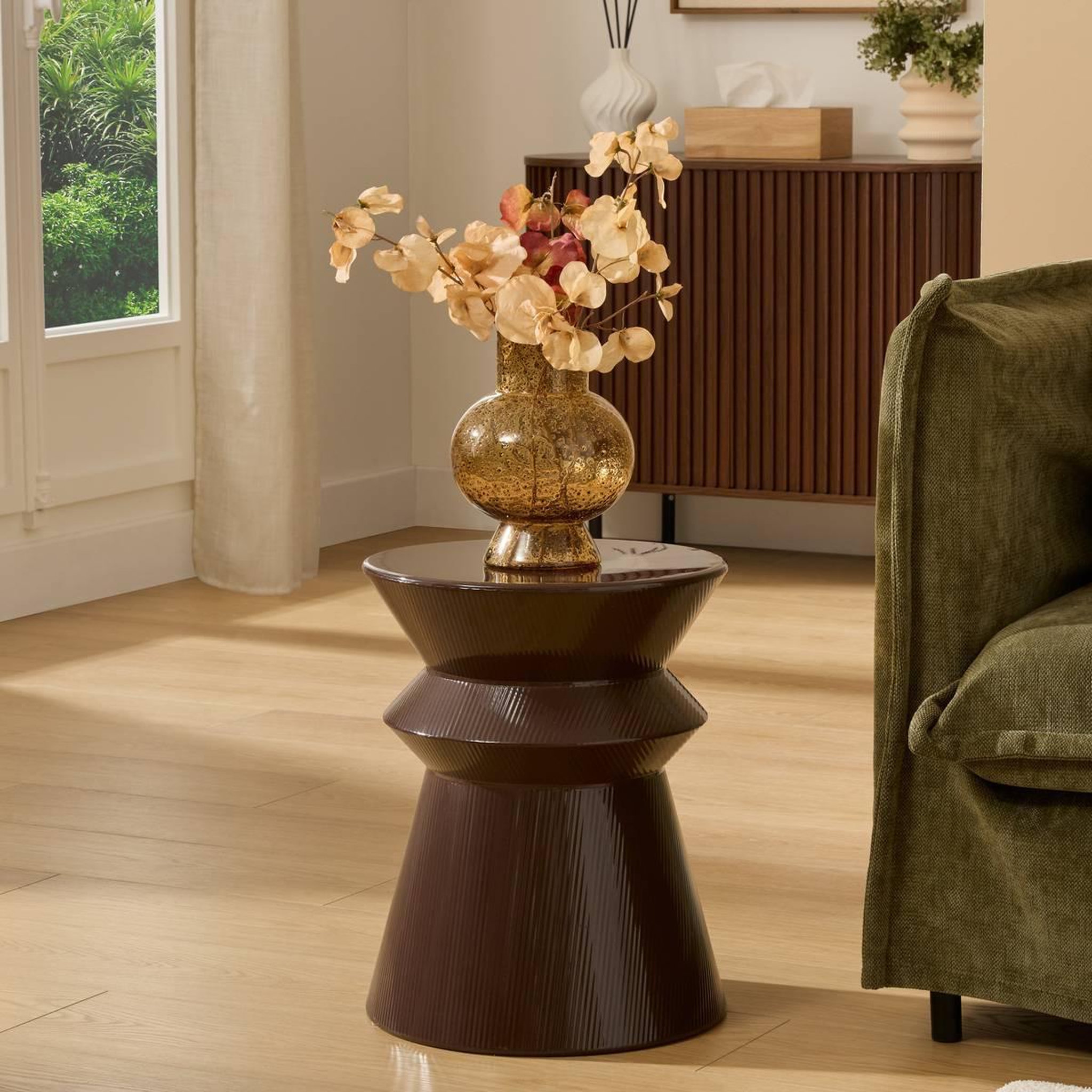 Voir la diapositive 5 : ATMOSPHERA Table d'appoint totem  maya  35cm marron