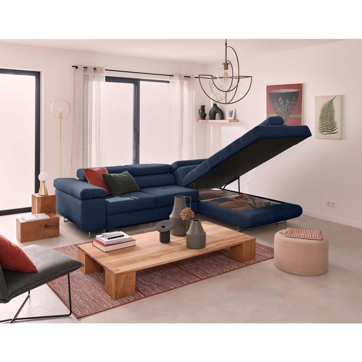 BEST MOBILIER Zaria - canapé d'angle droit - convertible avec coffre et têtières réglables - 5 places - en velours côtelé