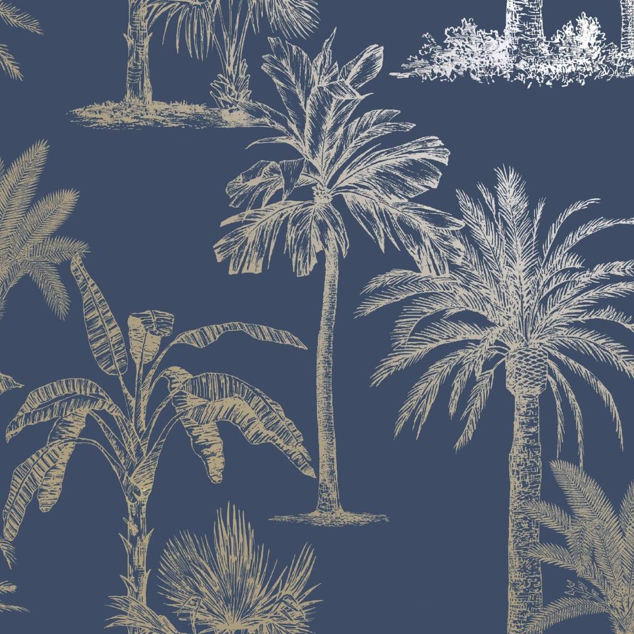 Voir la diapositive 2 : DUTCH WALLCOVERINGS DUTCH WALLCOVERINGS Papier peint Arbres tropicaux Bleu et argente