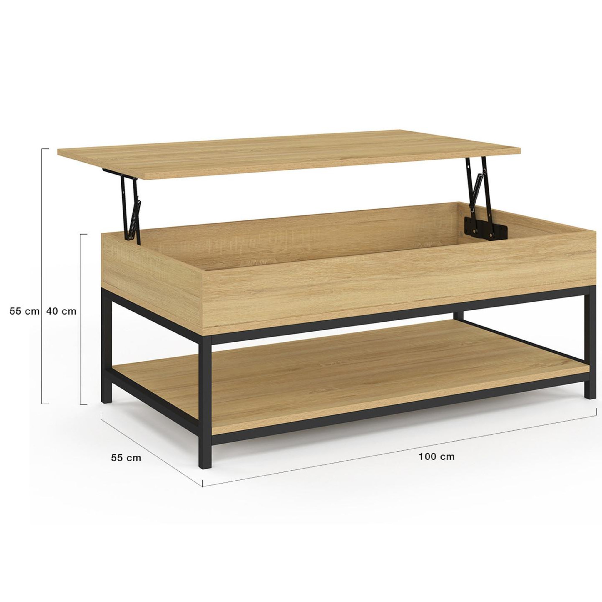Voir la diapositive 4 : ID MARKET Table basse plateau relevable rectangulaire detroit 100 cm et étagère inférieure design industriel