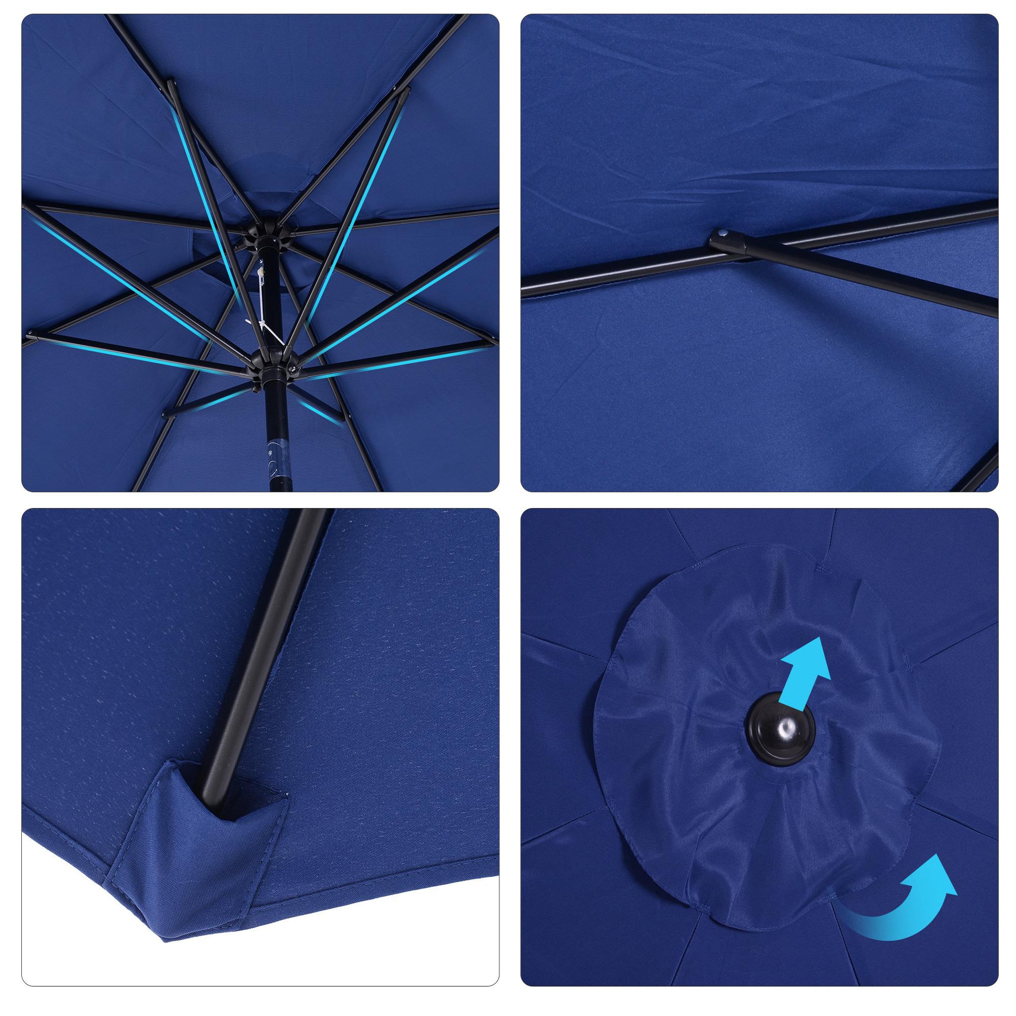 Voir la diapositive 4 : OUTSUNNY Parasol en métal rond polyester 180g/m² manivelle inclinable Ø 3 x 2,45 m bleu