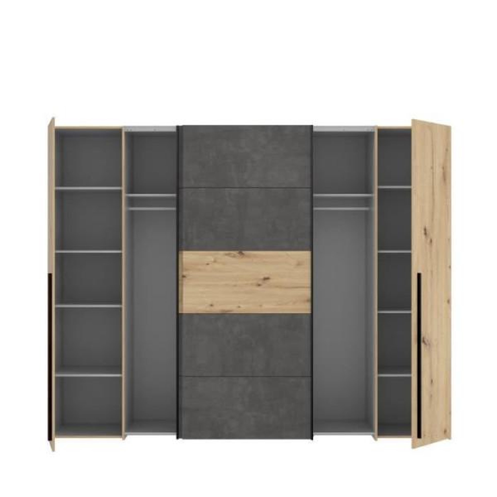 Voir la diapositive 5 : MARKET24 Armoire - Décor chene artisan et béton gris - 2 portes battantes + 2 portes coulissantes - L 270,3 x P 61,2 x H 210 cm - NARAG