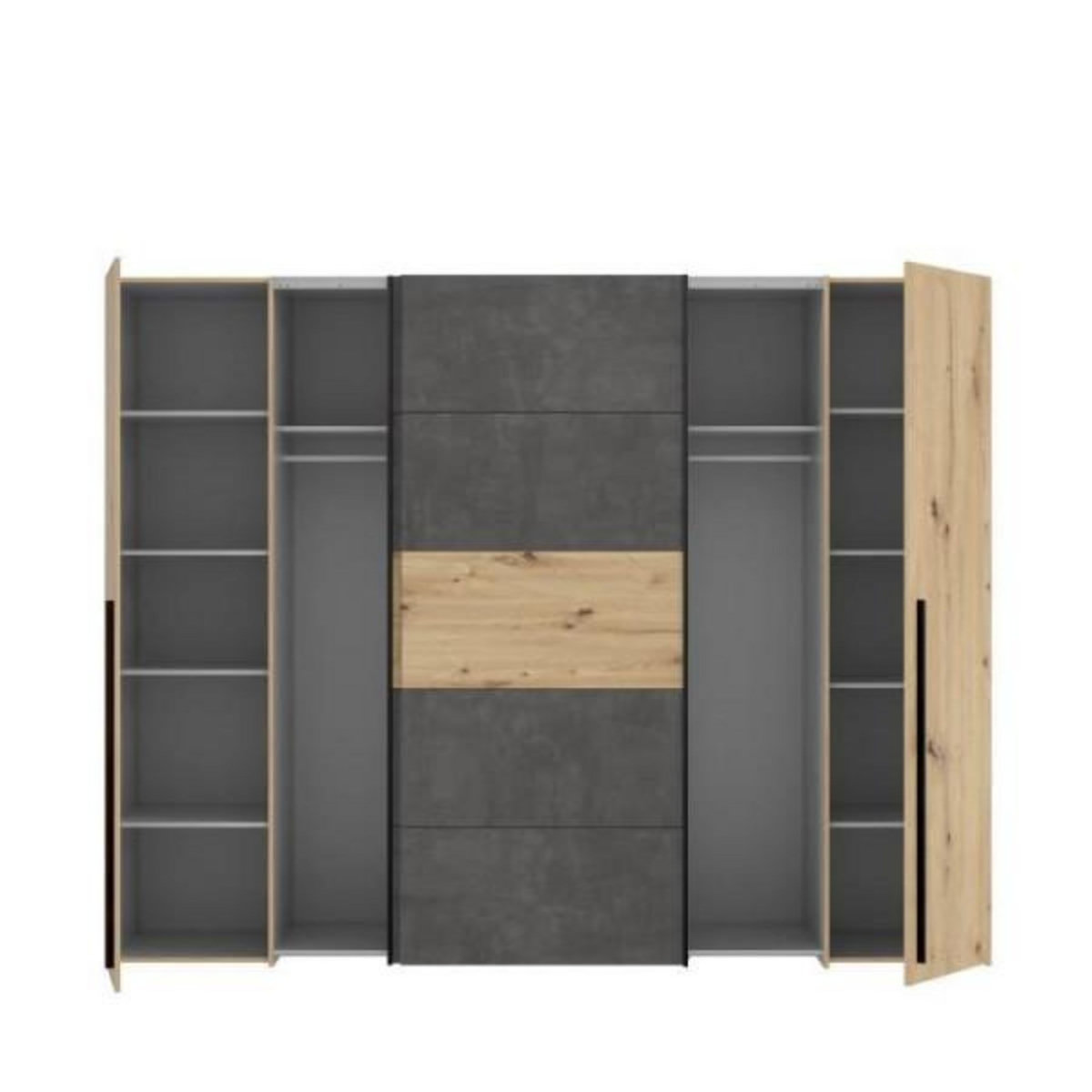 MARKET24 Armoire - Décor chene artisan et béton gris - 2 portes battantes + 2 portes coulissantes - L 270,3 x P 61,2 x H 210 cm - NARAG
