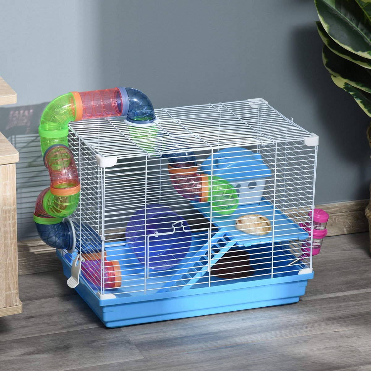 PAWHUT Cage à hamster rongeur 2 niveaux avec tunnel, biberon eau, roue, maisonnette, échelles - dim. 46L x 30l x 37H cm - métal blanc PP bleu