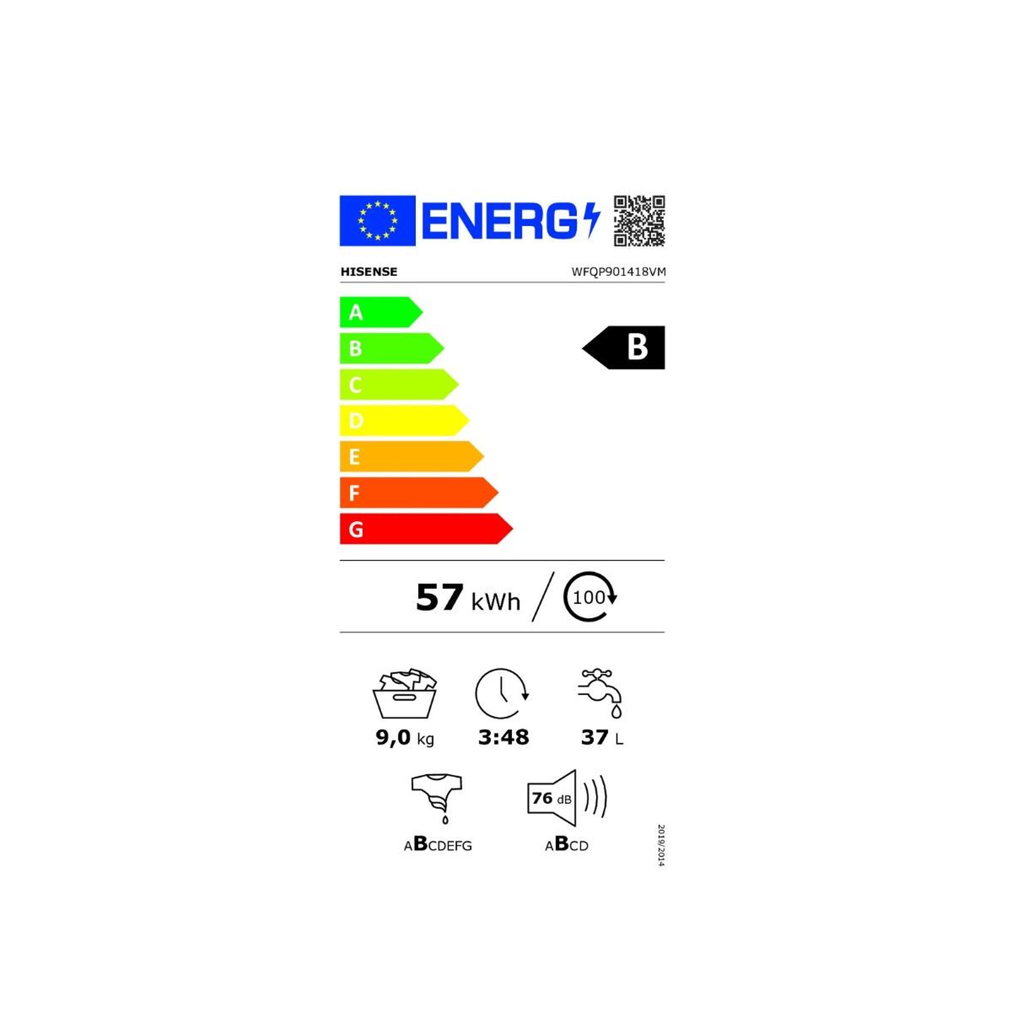 Voir la diapositive 2 : Hisense Lave-linge frontal 9 kg 1400 tours/min - wfqp901418vm