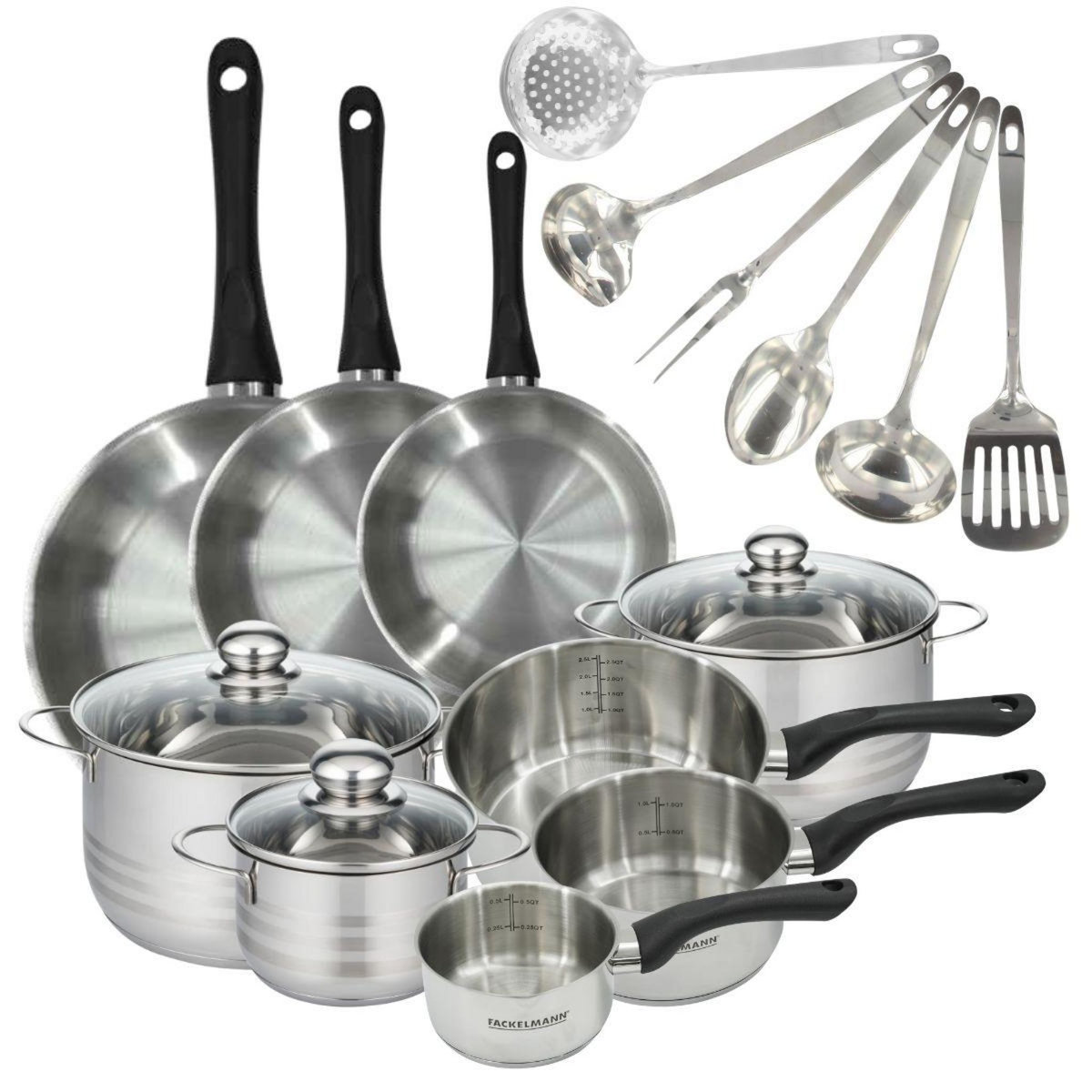 Fackelmann Set 3 poêles 20 24 28 cm 3 casseroles 12 16 20 cm, 3 faitouts 16, 20 et 24 cm en inox et 6 ustensiles inox Fackelmann Geneva