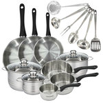 Fackelmann Set 3 poêles 20 24 28 cm 3 casseroles 12 16 20 cm, 3 faitouts 16, 20 et 24 cm en inox et 6 ustensiles inox Fackelmann Geneva