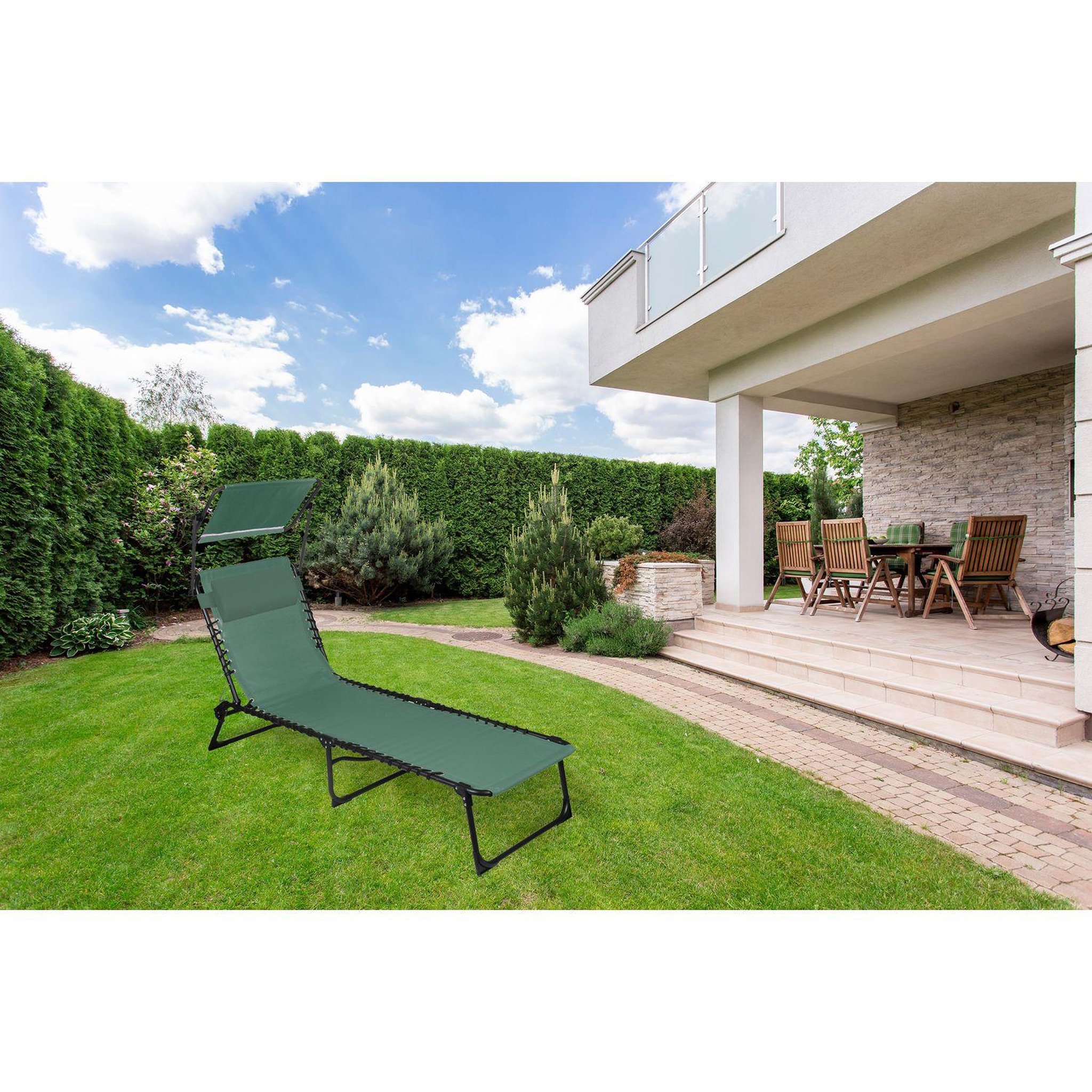 Voir la diapositive 3 : TOILINUX Lot de 2 bains de soleil avec parasol et coussin - thé vert
