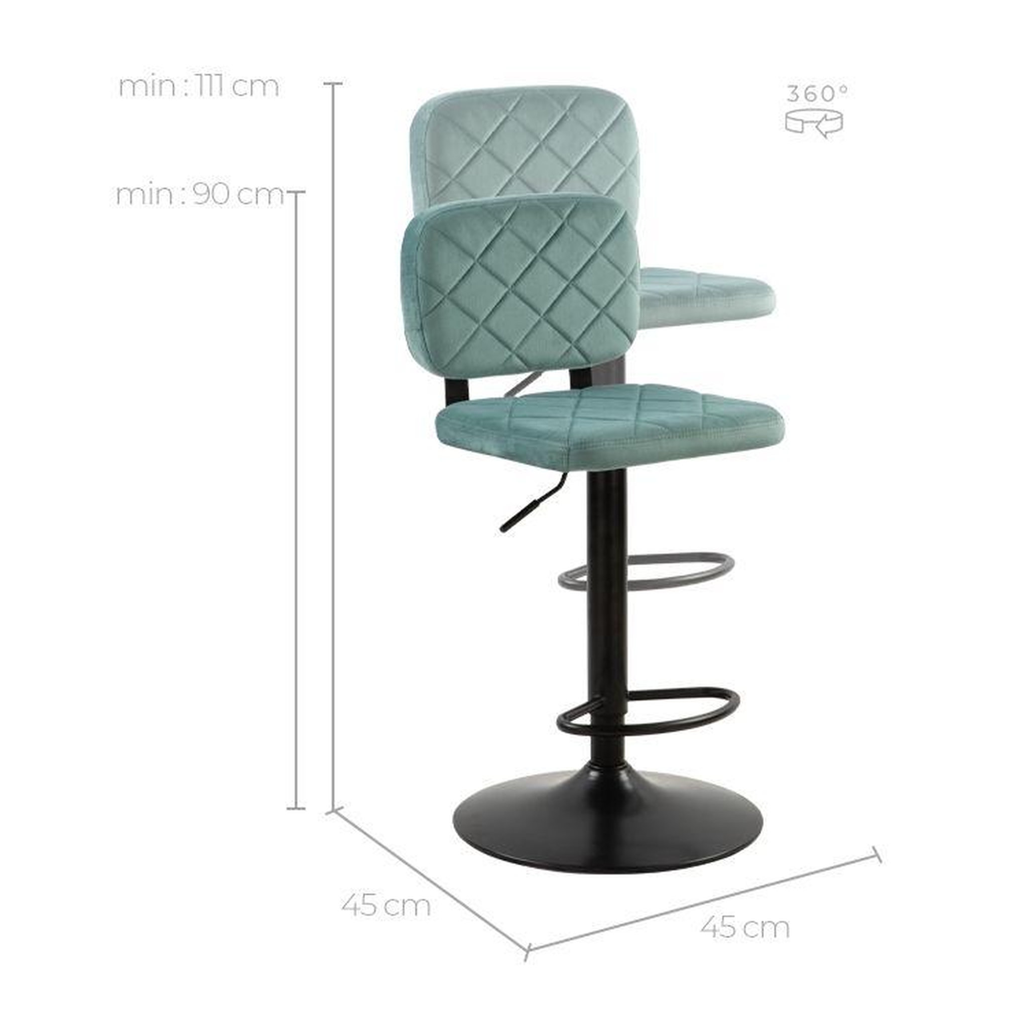 Voir la diapositive 4 : MAISON PAVANE Lot de 2 chaises de bar réglables 60/81 cm en velours vert d'eau-viktor