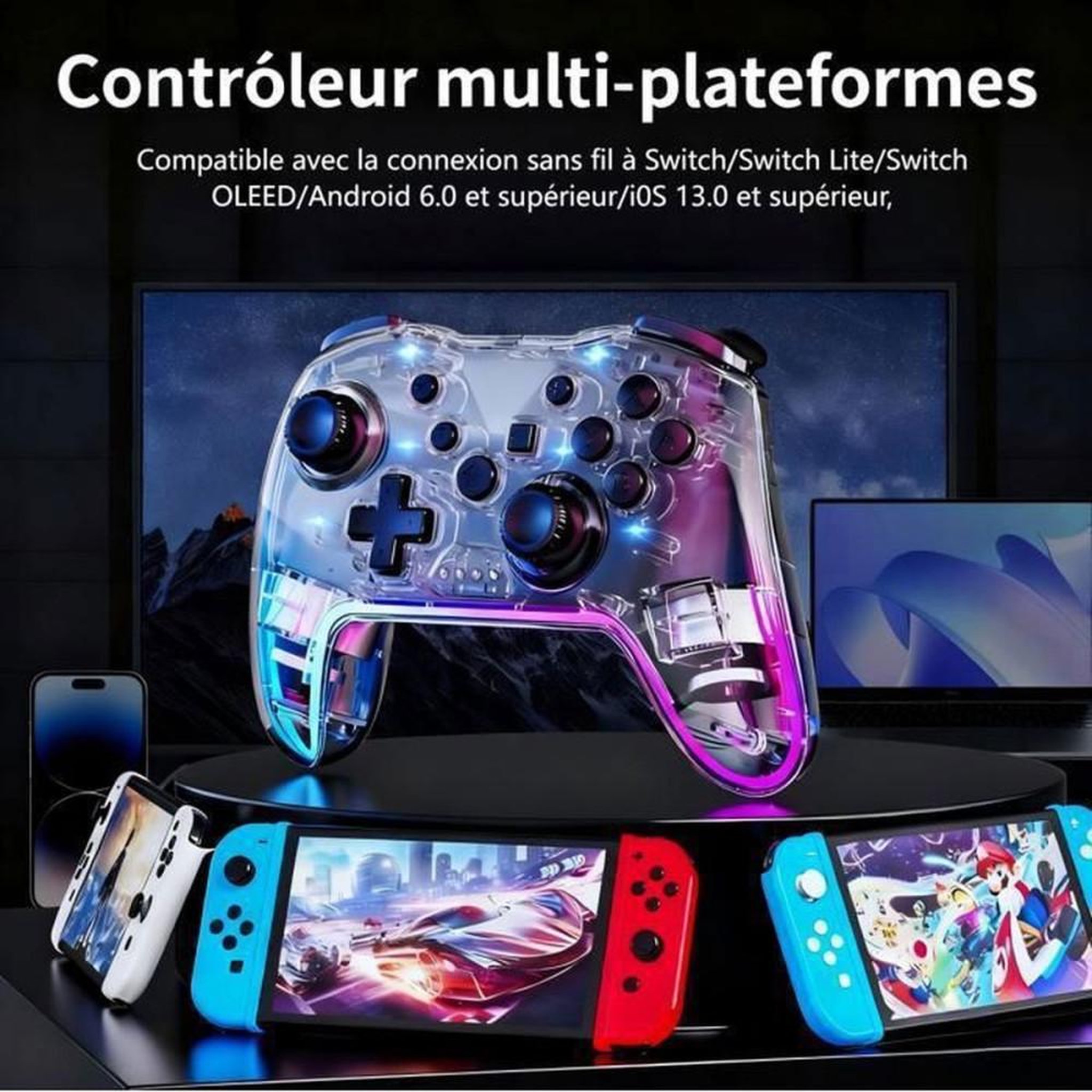 Voir la diapositive 5 : Manette de jeu sans fil transparente RGB 7 couleurs Turbo vibration Bluetooth pour Nintendo Switch 2, Android et PC