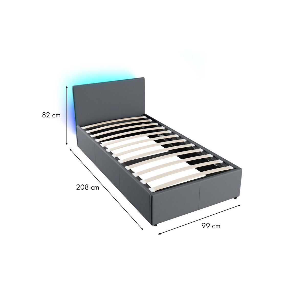 Lit coffre 90x190cm avec sommier à lattes et tête de lit LED WILLOW 