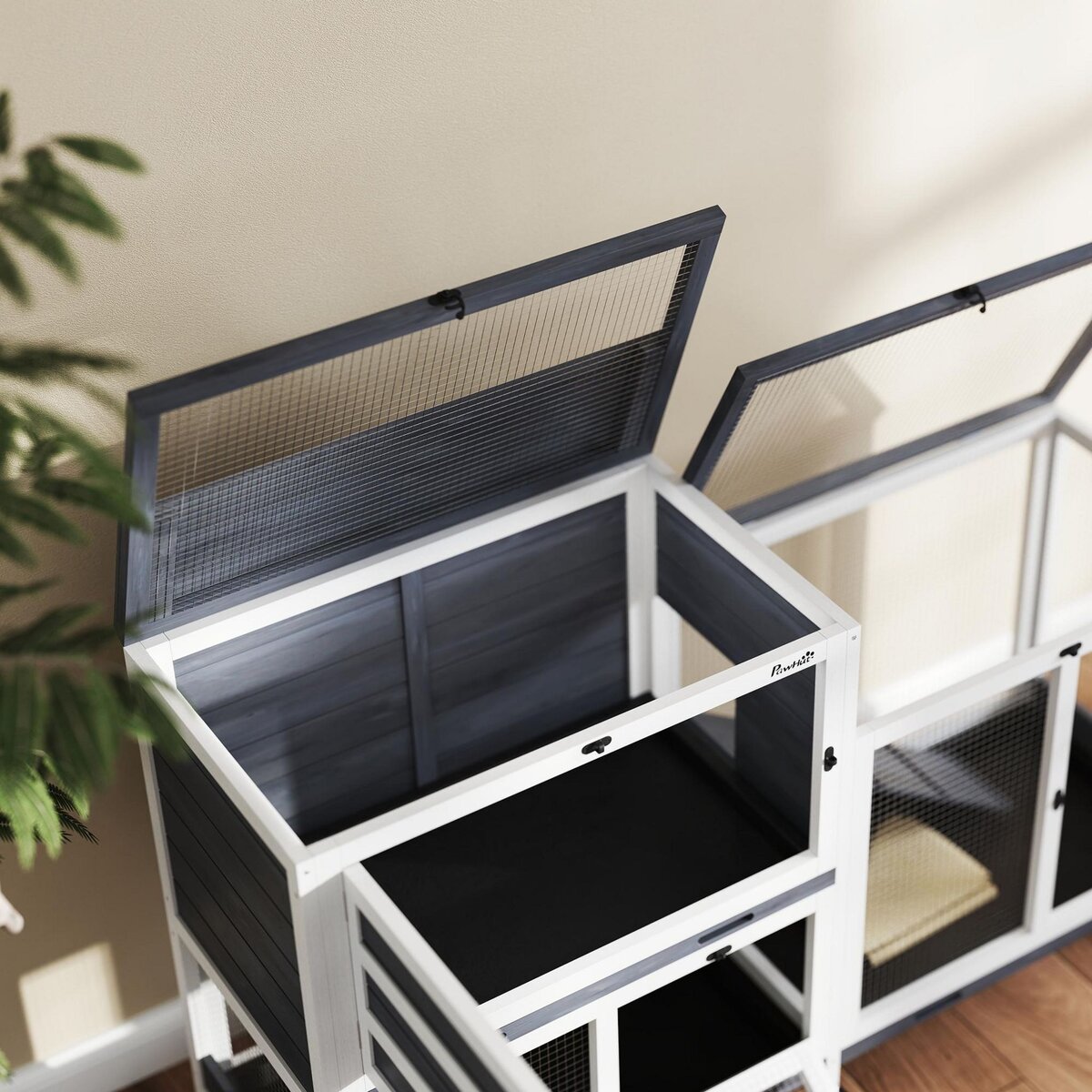 PAWHUT Clapier lapin sur roulettes - 3 portes, 2 toits ouvrants - 3 plateaux déjection - bois métal blanc gris