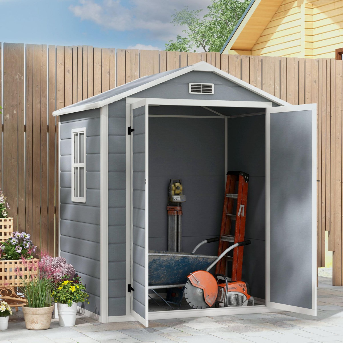 OUTSUNNY Abri de jardin cabanon 2,12 m² - 2 portes, fenêtre, aération, toit double pente - résine PP gris