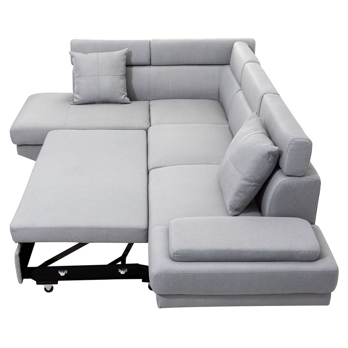 Canapé d'angle gauche convertible 5 places tissu pieds bois clair MARIUS 