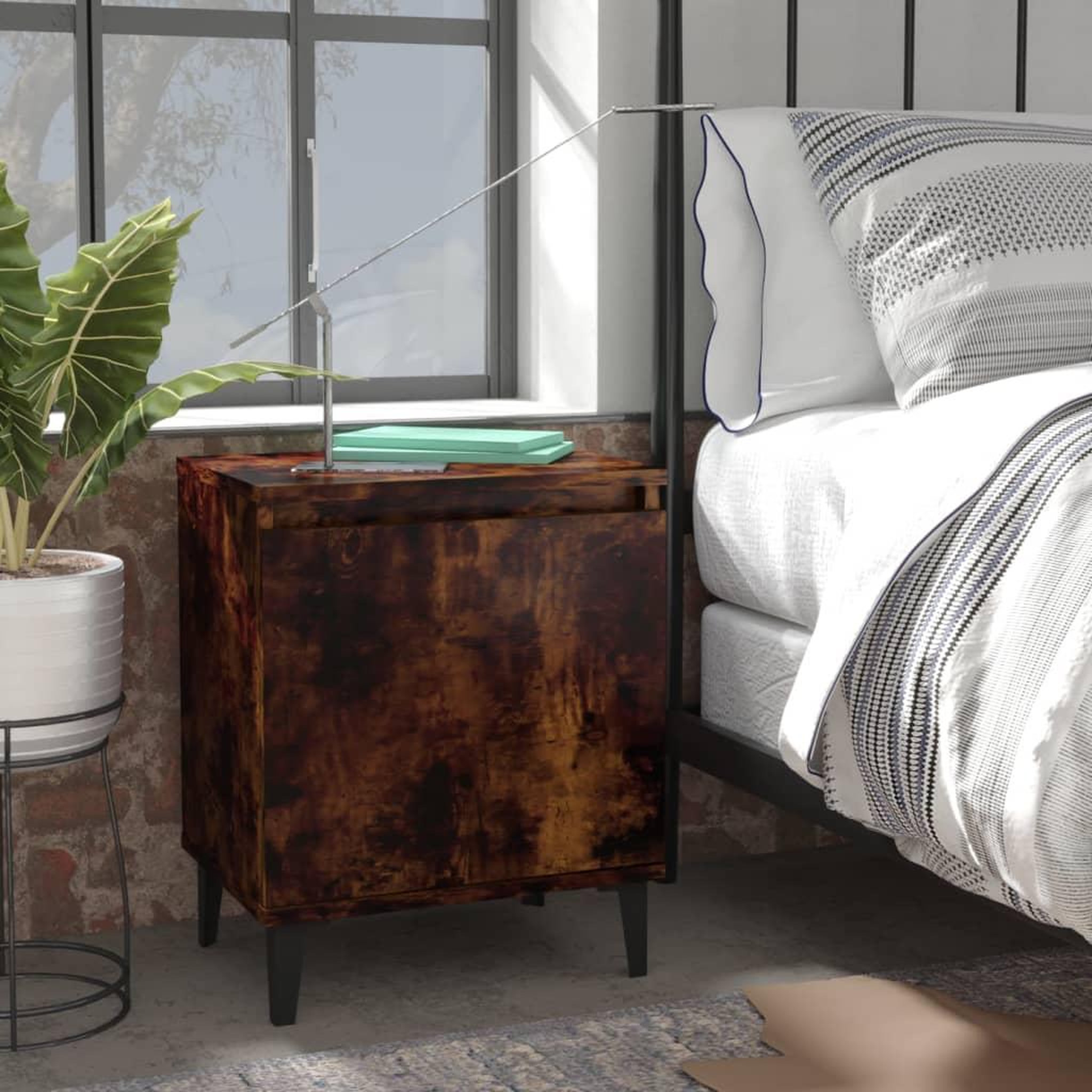 Voir la diapositive 1 : VIDAXL Table de chevet avec pieds en metal Chene fume 40x30x50 cm