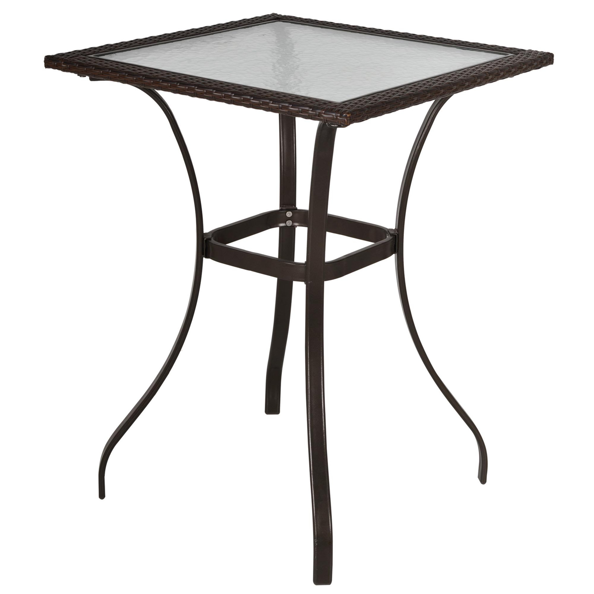 Voir la diapositive 1 : OUTSUNNY Table carrée bistro de jardin dim. 72L X 72l x 94H cm métal époxy résine tressée chocolat plateau verre trempé