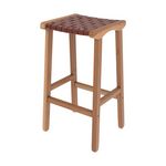 Rendez vous déco Tabouret pour îlot central 68 cm en teck et cuir tressé marron - Kuna. Coloris disponibles : Marron