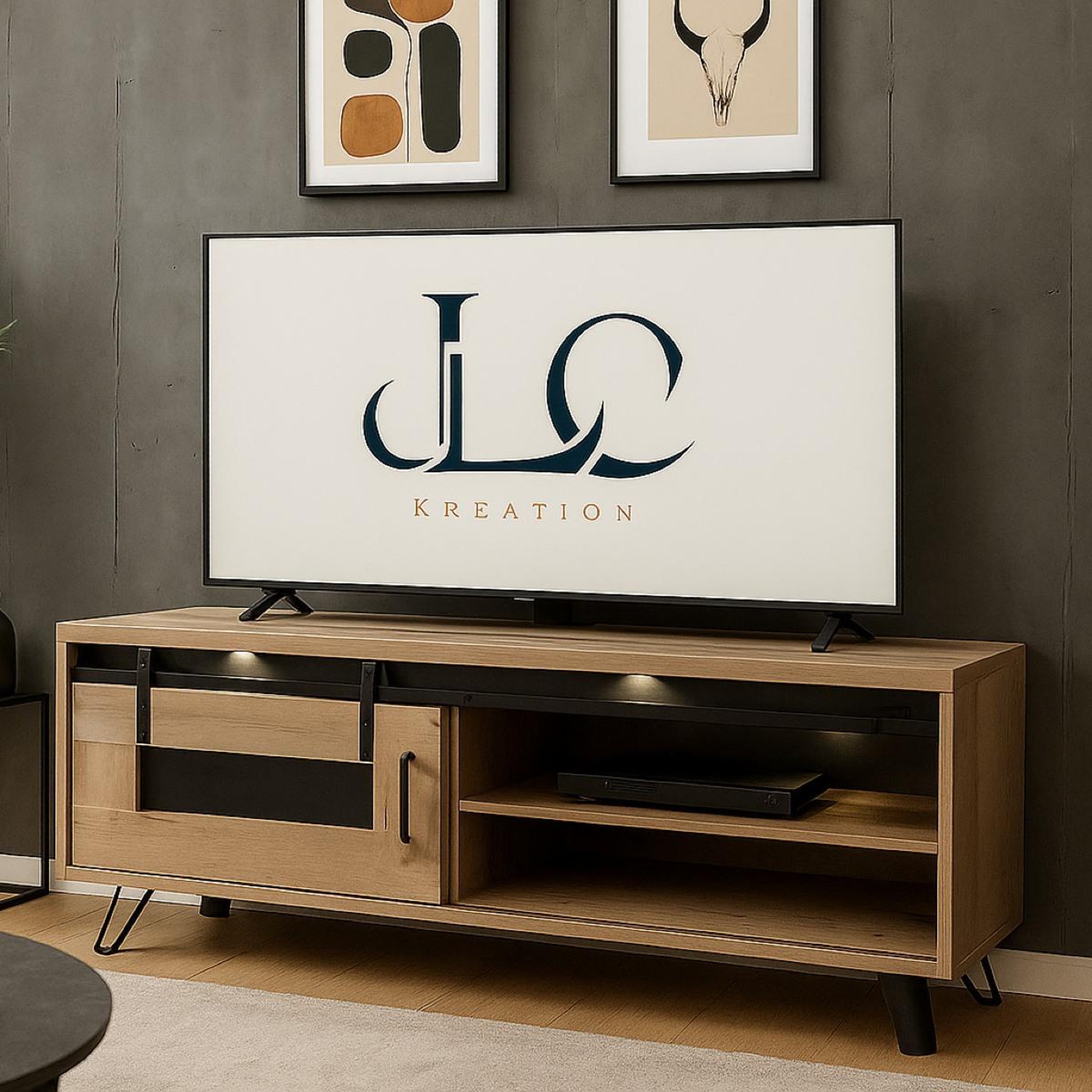 Voir la diapositive 2 : JLC KREATION Meuble tv industriel décor chêne + led 1 porte 150cm costa