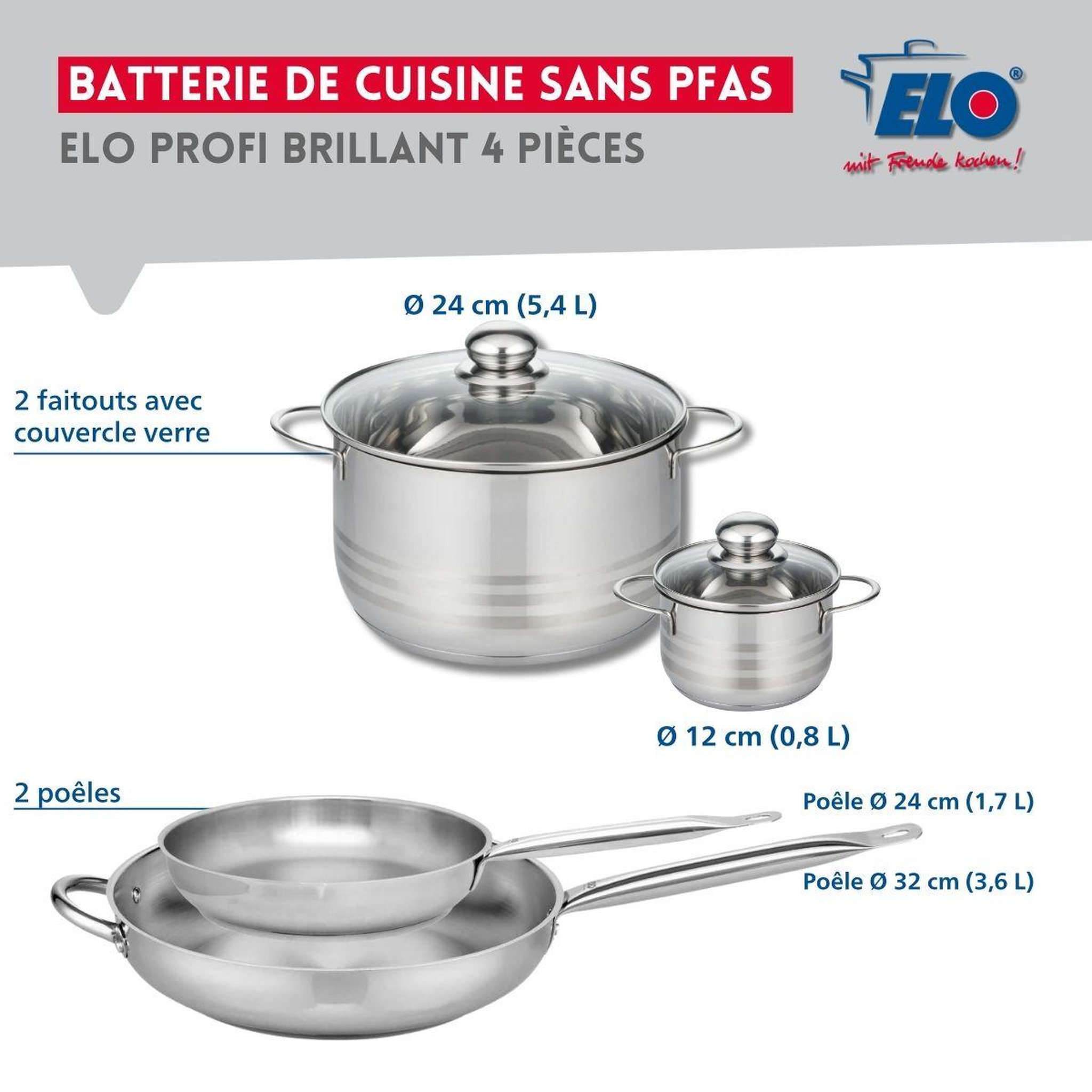 Voir la diapositive 2 : ELO Ensemble de 2 poêles de cuisson 24 et 32 cm et 2 faitouts 12 et 24 cm elo profi brillant