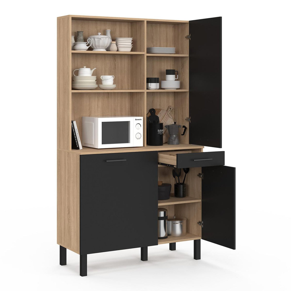 ID MARKET Buffet de cuisine avec colonne de rangement 100 CM CINA 3 portes + tiroir façon hêtre et noir