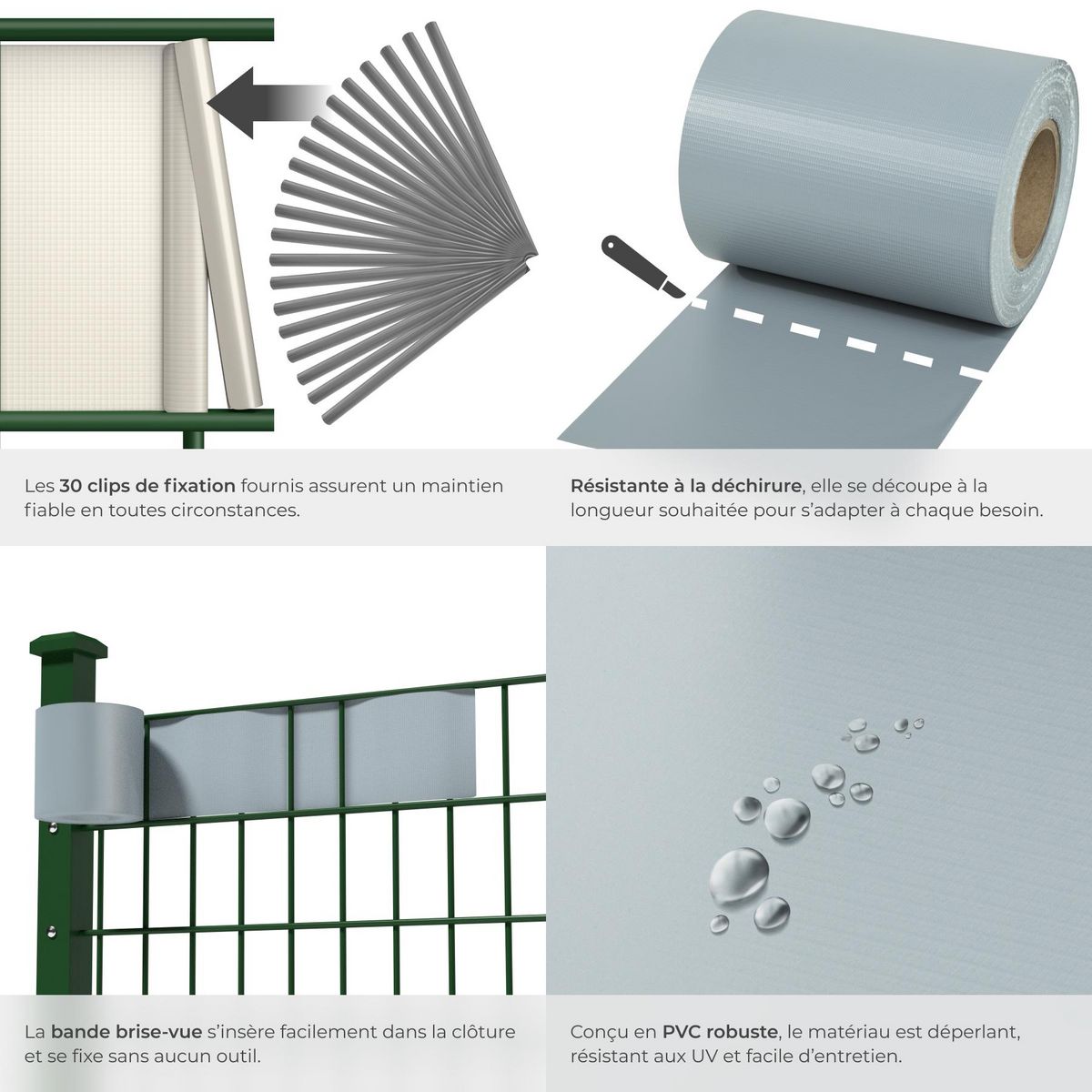 tectake Bandes brise-vue PVC pour clôtures à barreaux simples et doubles gris