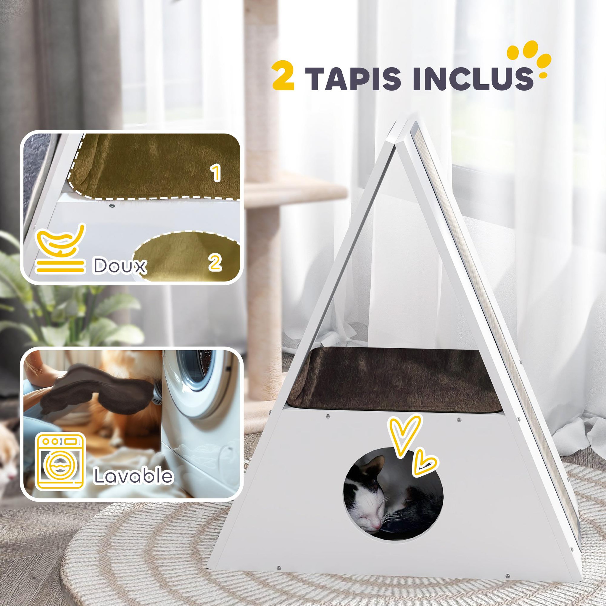 Voir la diapositive 5 : PAWHUT Niche chat design - maison pour chat - 2 tapis, 2 grattoirs sisal - blanc beige