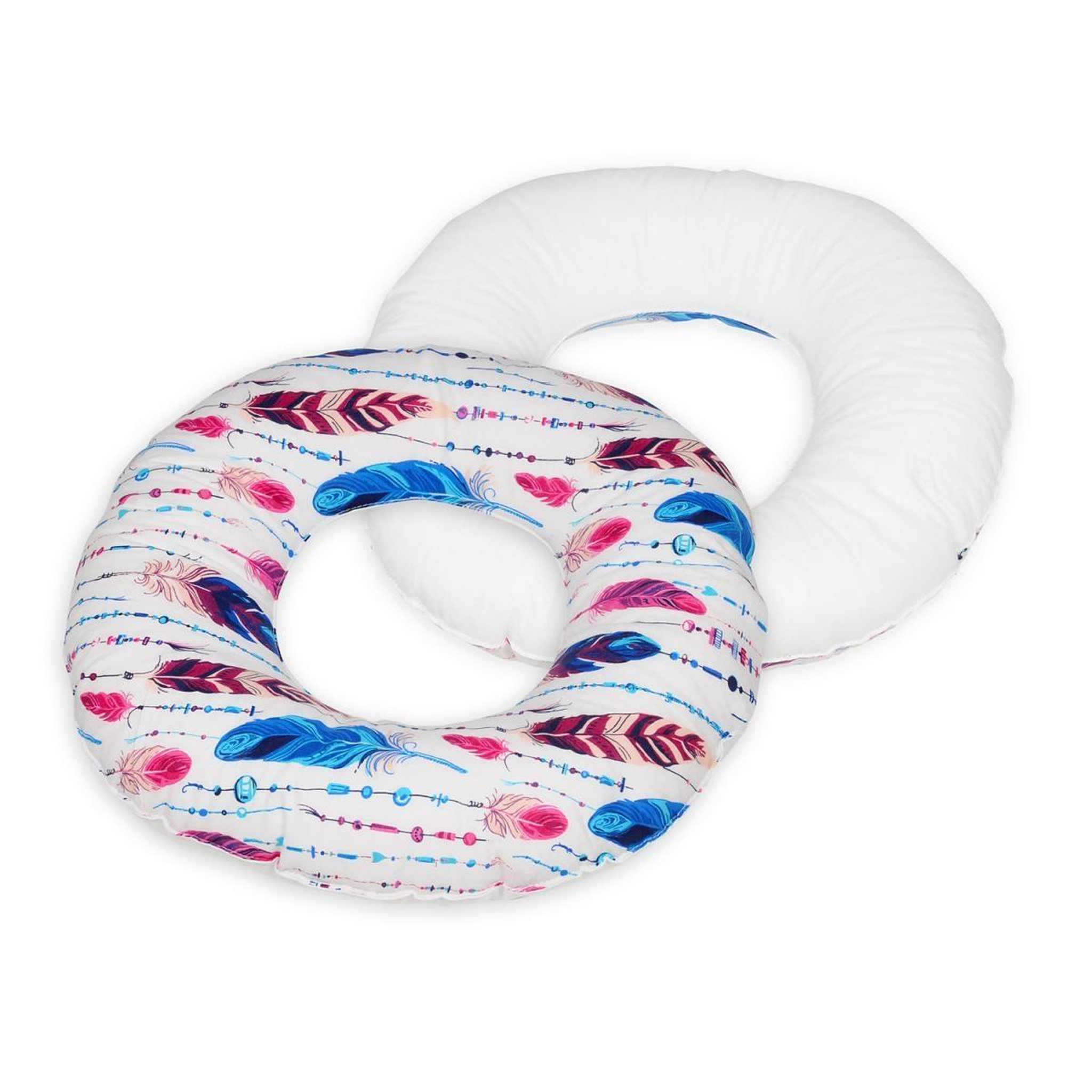 VELINDA Coussin rond post natal plumes multicolores – blanc