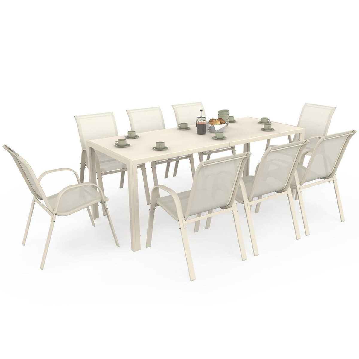 ID MARKET Salon de jardin MADRID table 190 cm et 8 chaises empilables beige